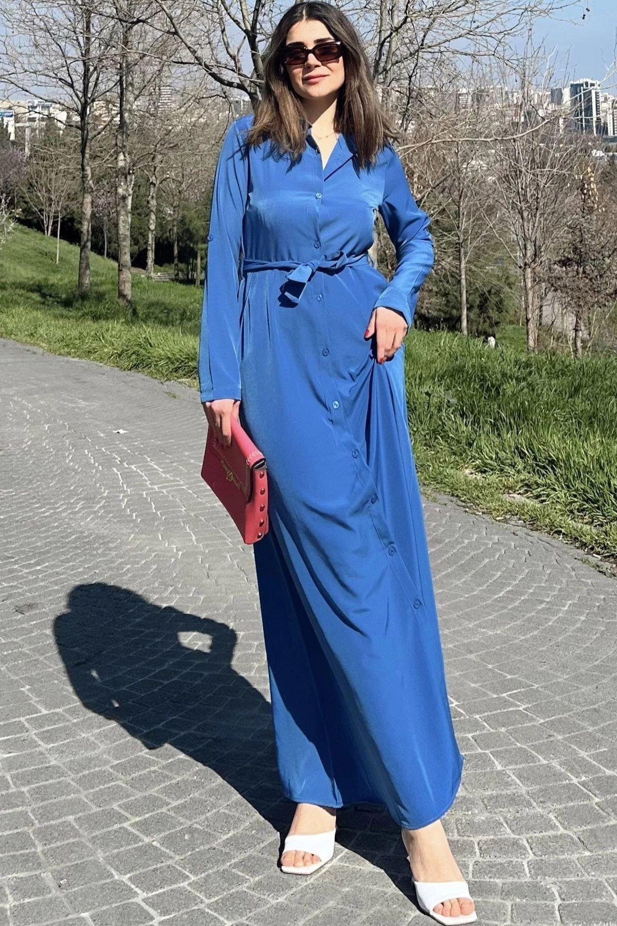 Kadın Mavi Uzun Elbise - 700-3576