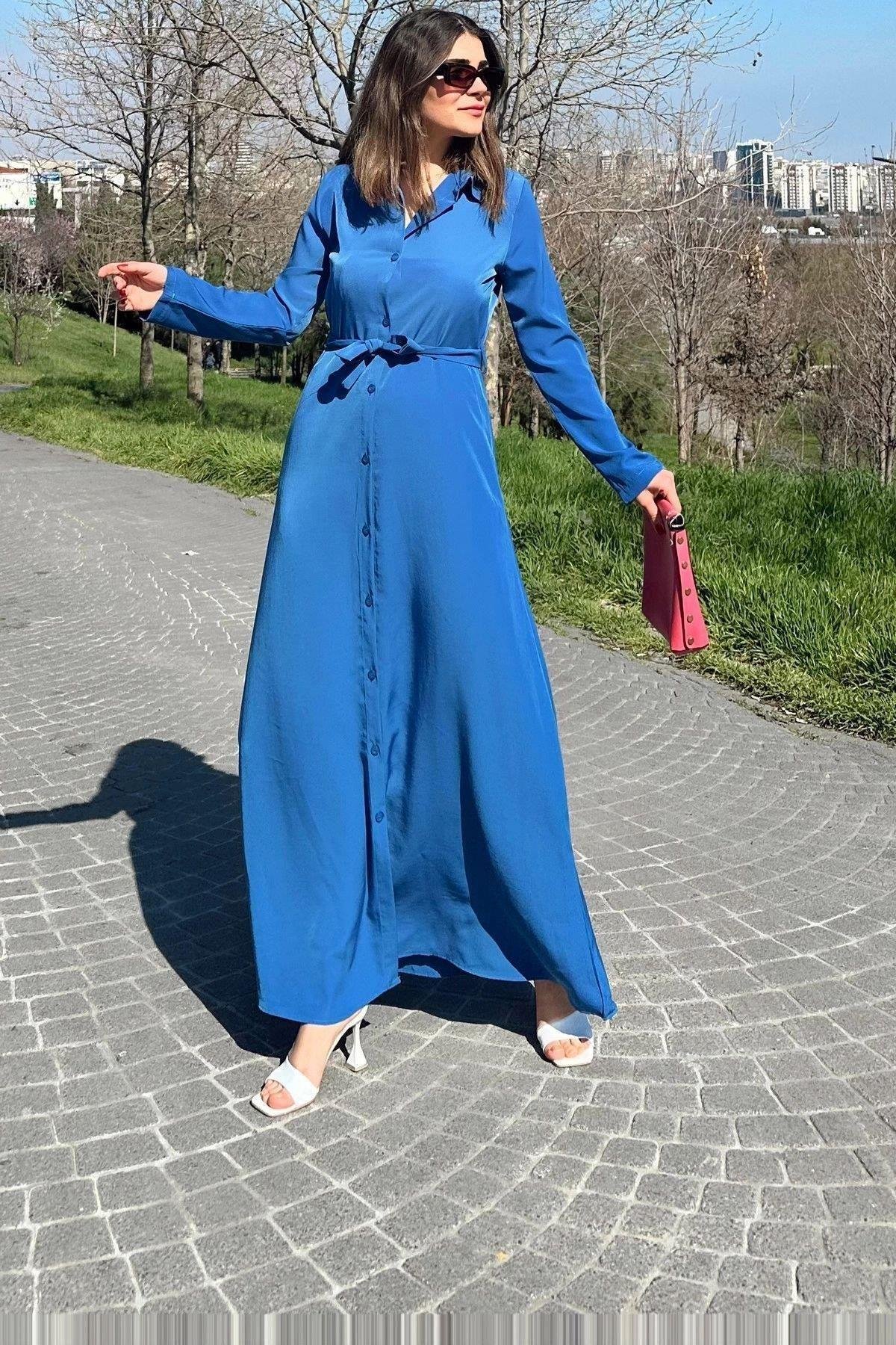 Kadın Mavi Uzun Elbise - 700-3576