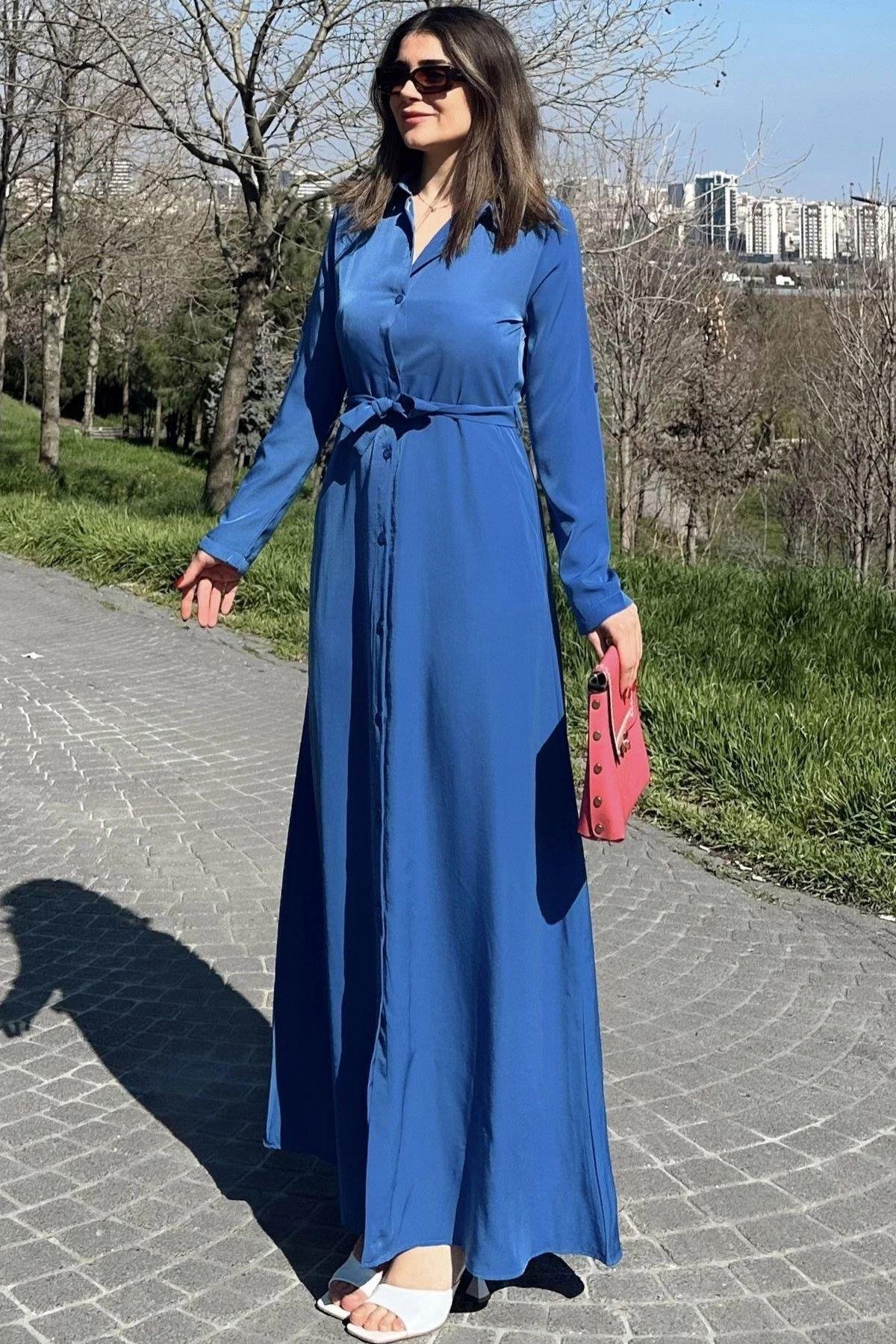 Kadın Mavi Uzun Elbise - 700-3576