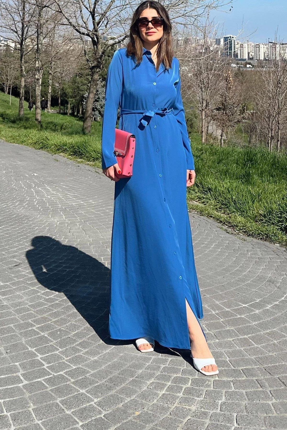 Kadın Mavi Uzun Elbise - 700-3576