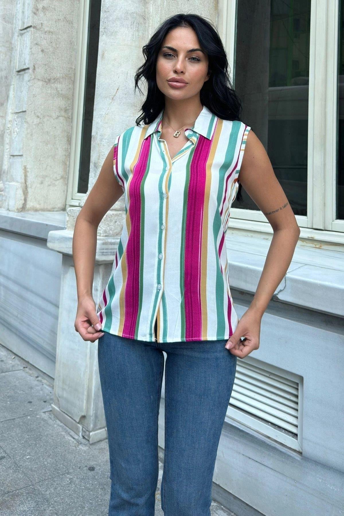 Kadın Mint Çizgili Gömlek - 700-3647