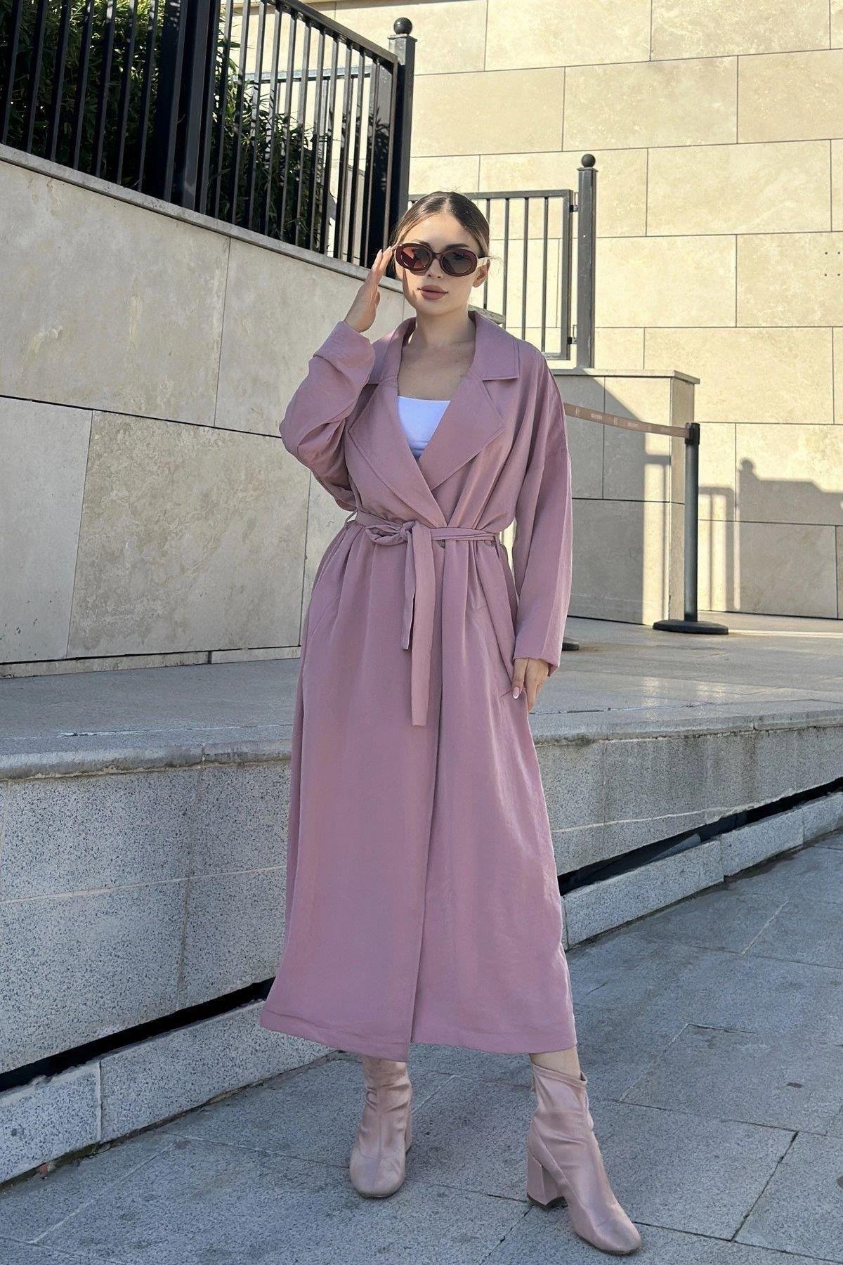 Kadın Pembe Uzun Owersıze Cepli Trençkot - 700-3335