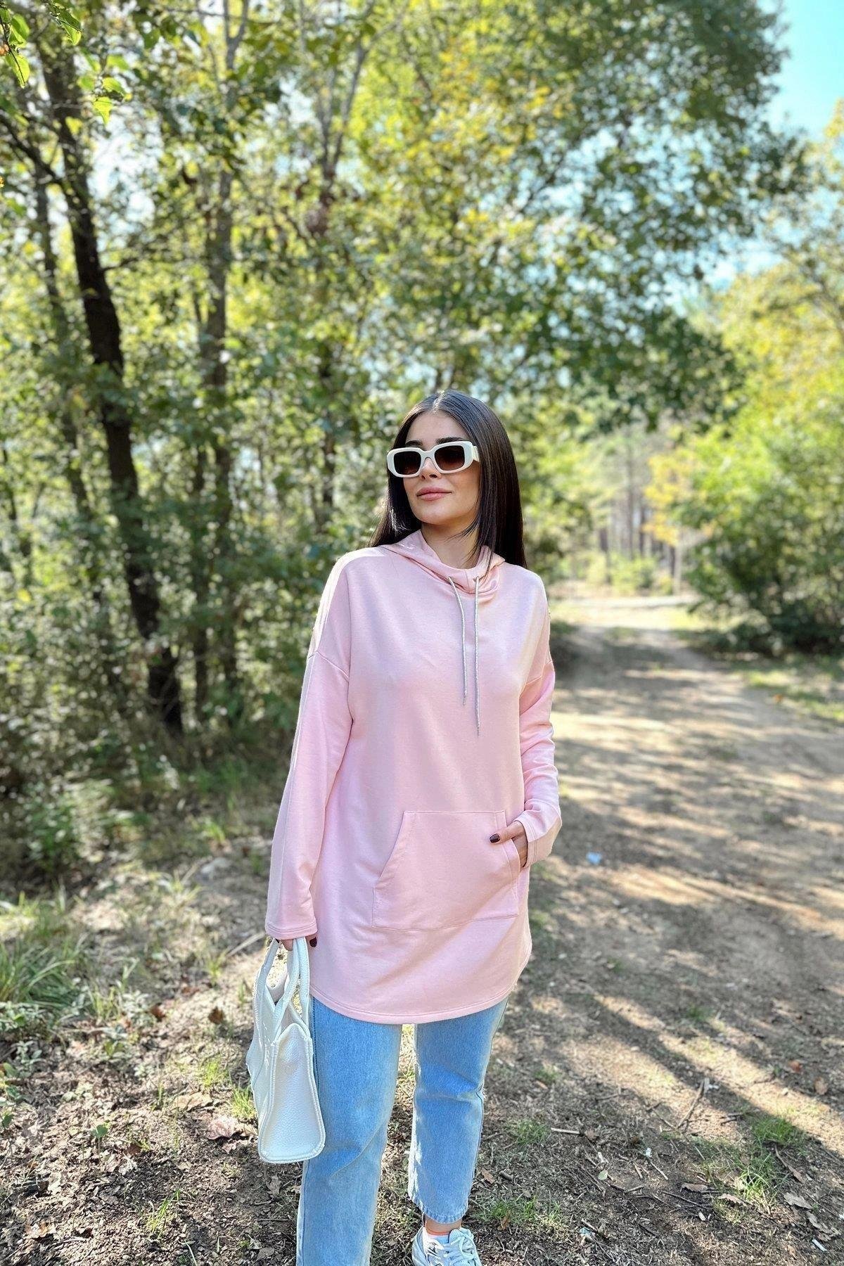Kadın Pudra Kapüşonlu Tesettüre Uygun Tunik - 700-3476
