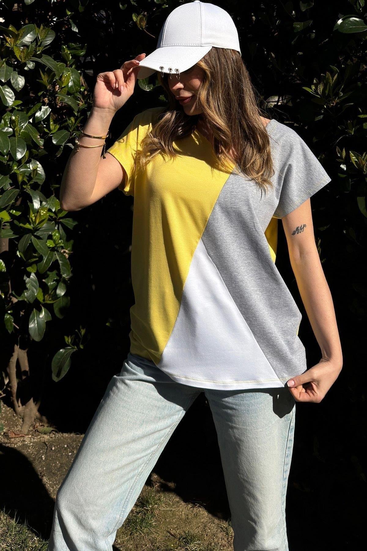 Kadın Sarı Salaş Garnili V Yaka Salaşt-shirt - 700-3207