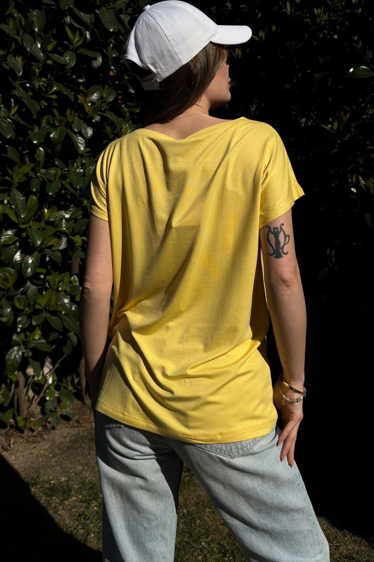 Kadın Sarı Salaş Garnili V Yaka Salaşt-shirt - 700-3207