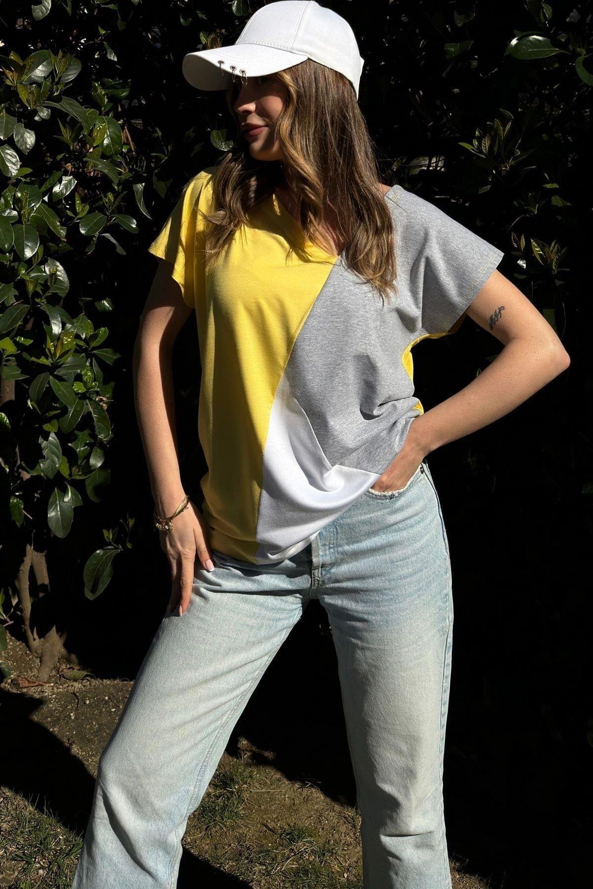 Kadın Sarı Salaş Garnili V Yaka Salaşt-shirt - 700-3207