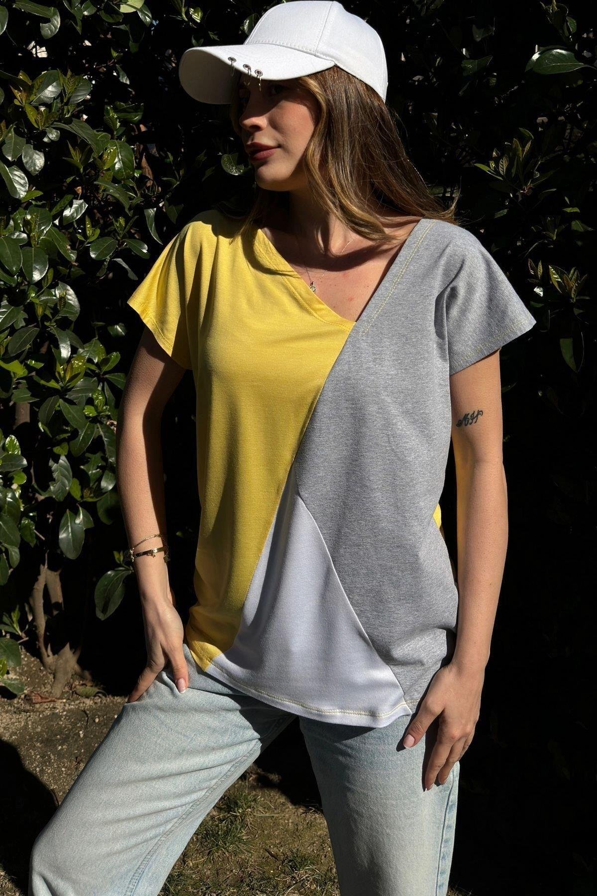 Kadın Sarı Salaş Garnili V Yaka Salaşt-shirt - 700-3207