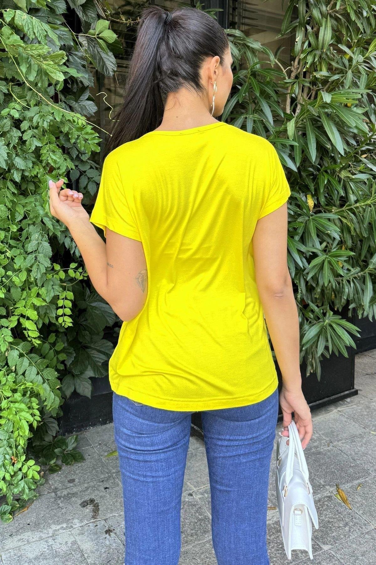 Kadın Sarı V Yaka T-Shirt - 700-K6075