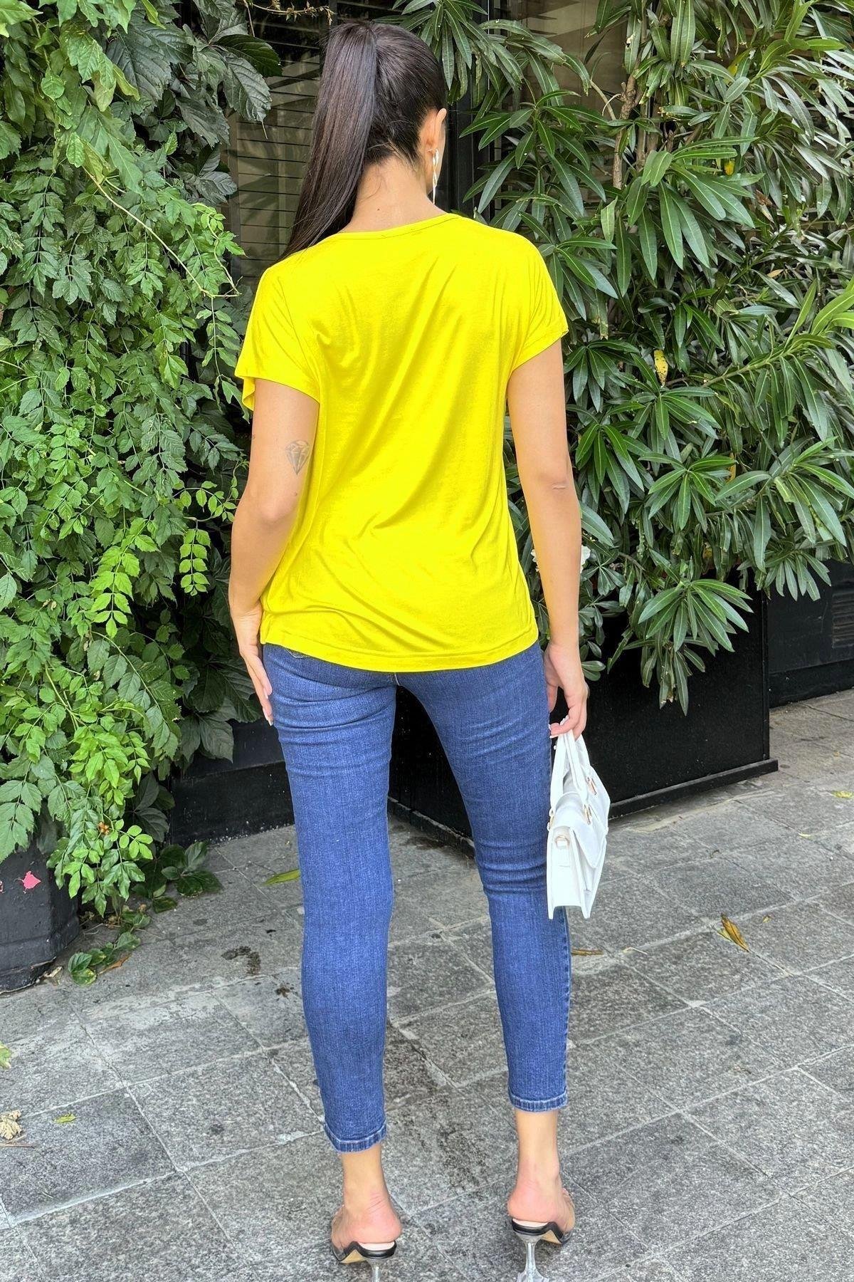 Kadın Sarı V Yaka T-Shirt - 700-K6075