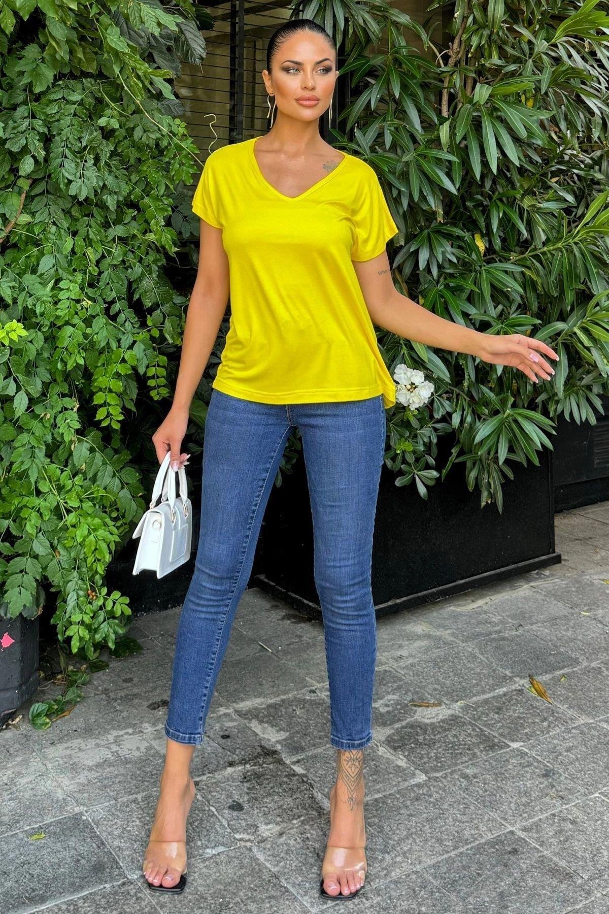 Kadın Sarı V Yaka T-Shirt - 700-K6075