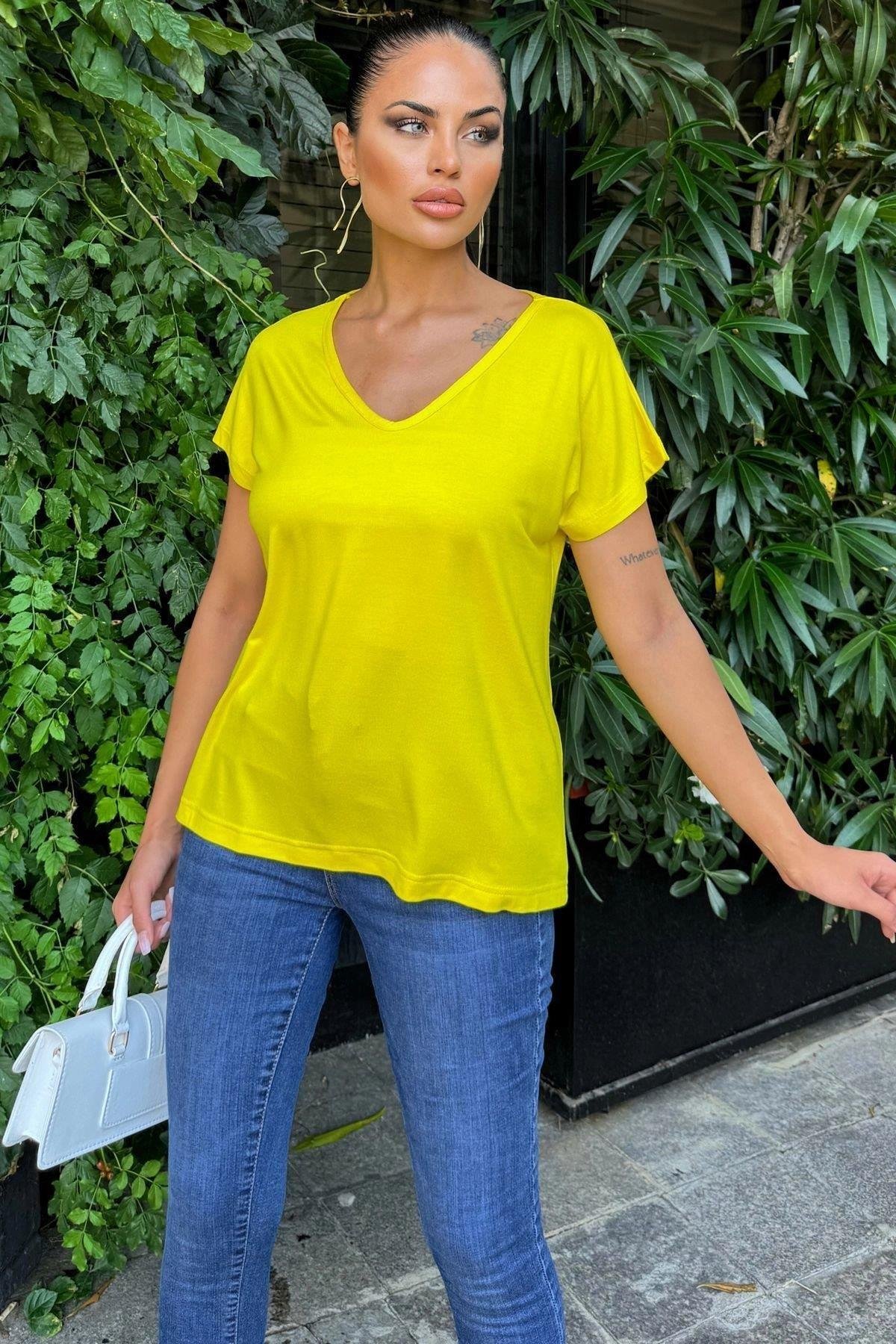 Kadın Sarı V Yaka T-Shirt - 700-K6075