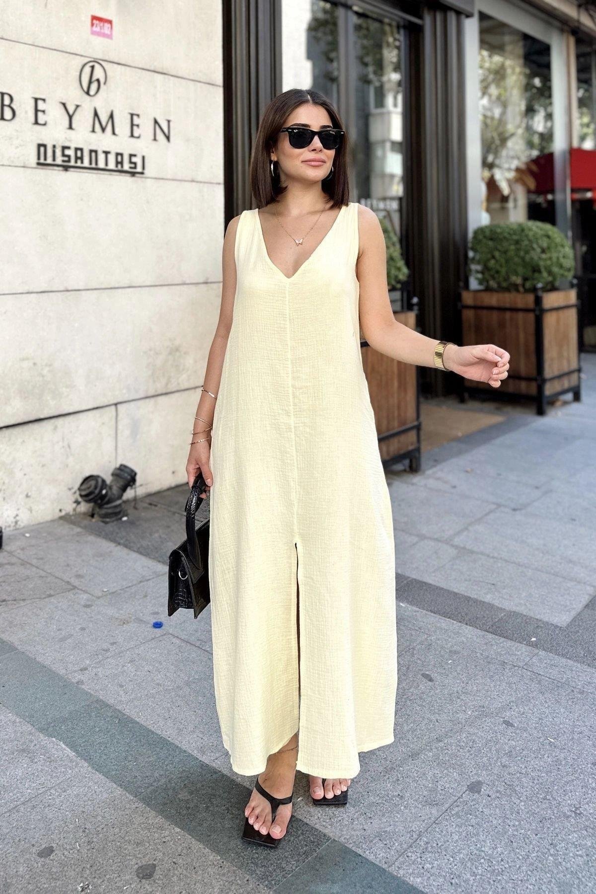 Kadın Sarı Yırtmaçlı V Yaka Müslin Elbise- 700-3419