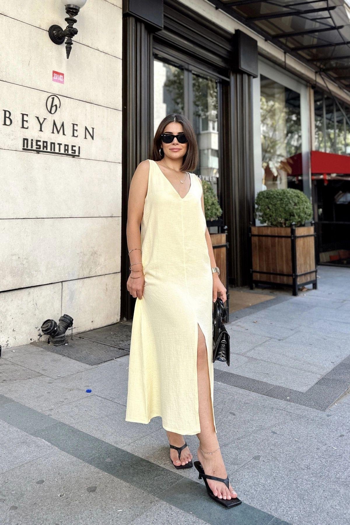 Kadın Sarı Yırtmaçlı V Yaka Müslin Elbise- 700-3419