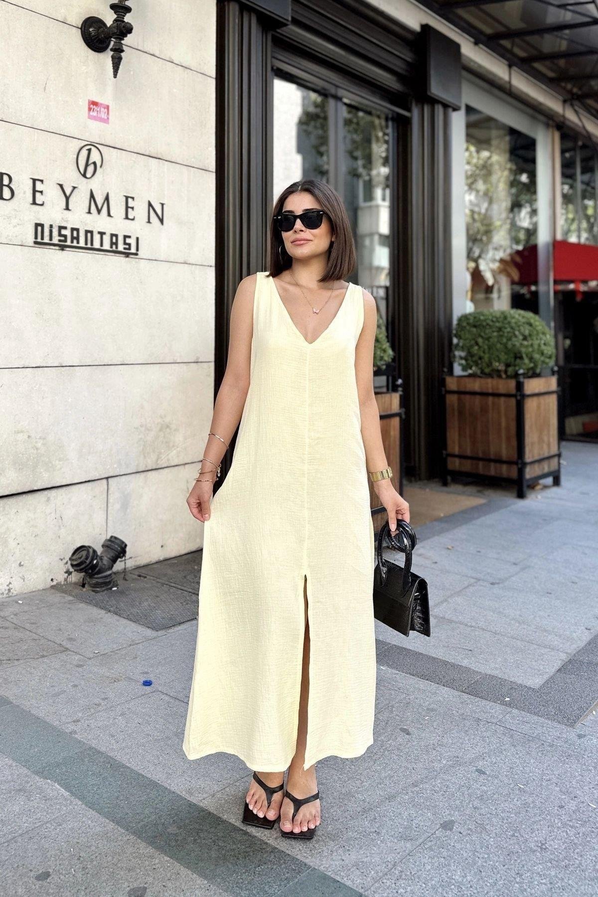 Kadın Sarı Yırtmaçlı V Yaka Müslin Elbise- 700-3419