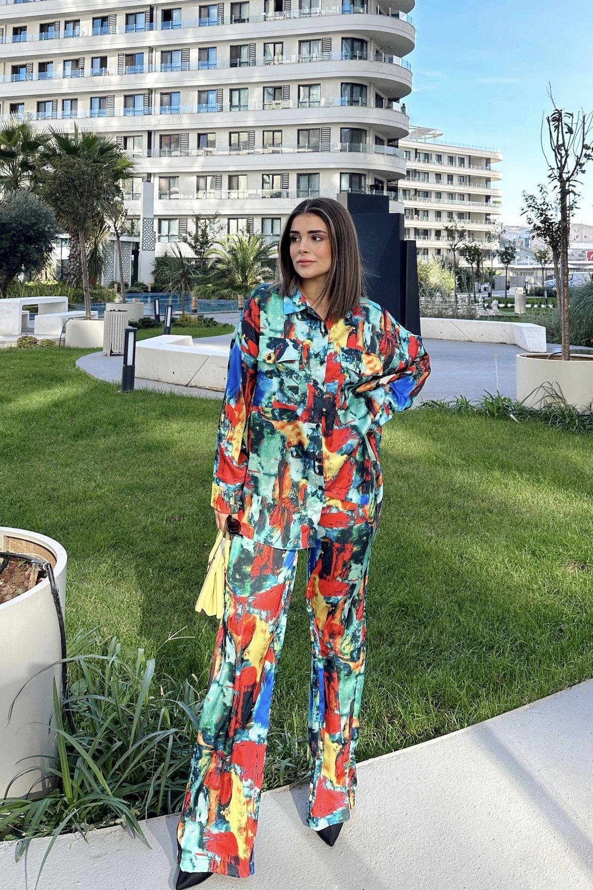 Kadın Saten Gömlek-Beli Lastikli Pantolon Takım