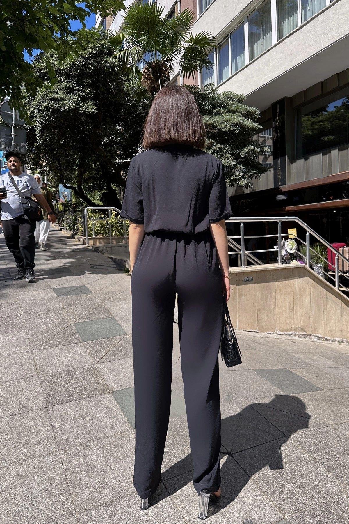 Kadın Siyah Ceket Yaka Beli Lastikli Tulum - 700-2622