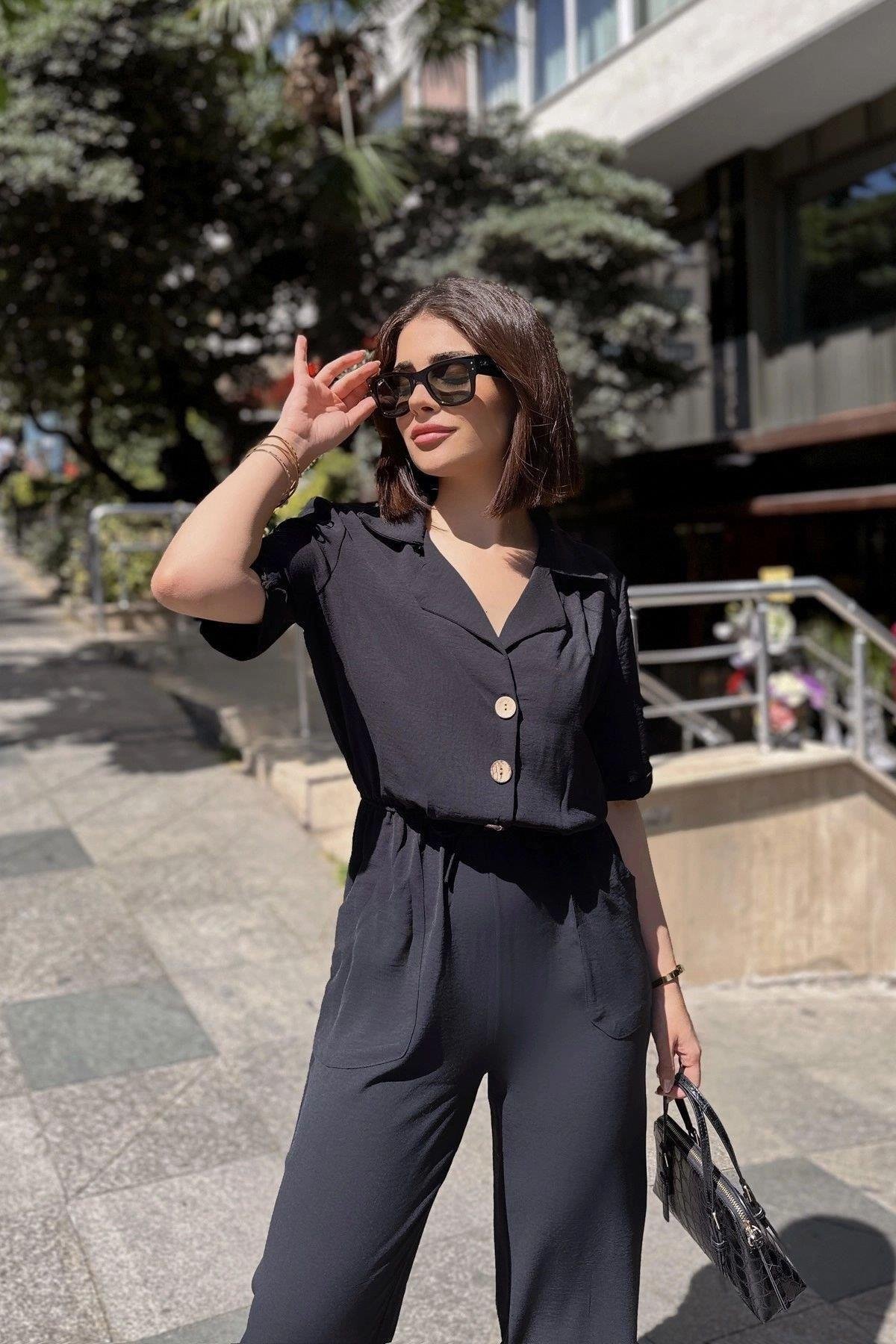 Kadın Siyah Ceket Yaka Beli Lastikli Tulum - 700-2622