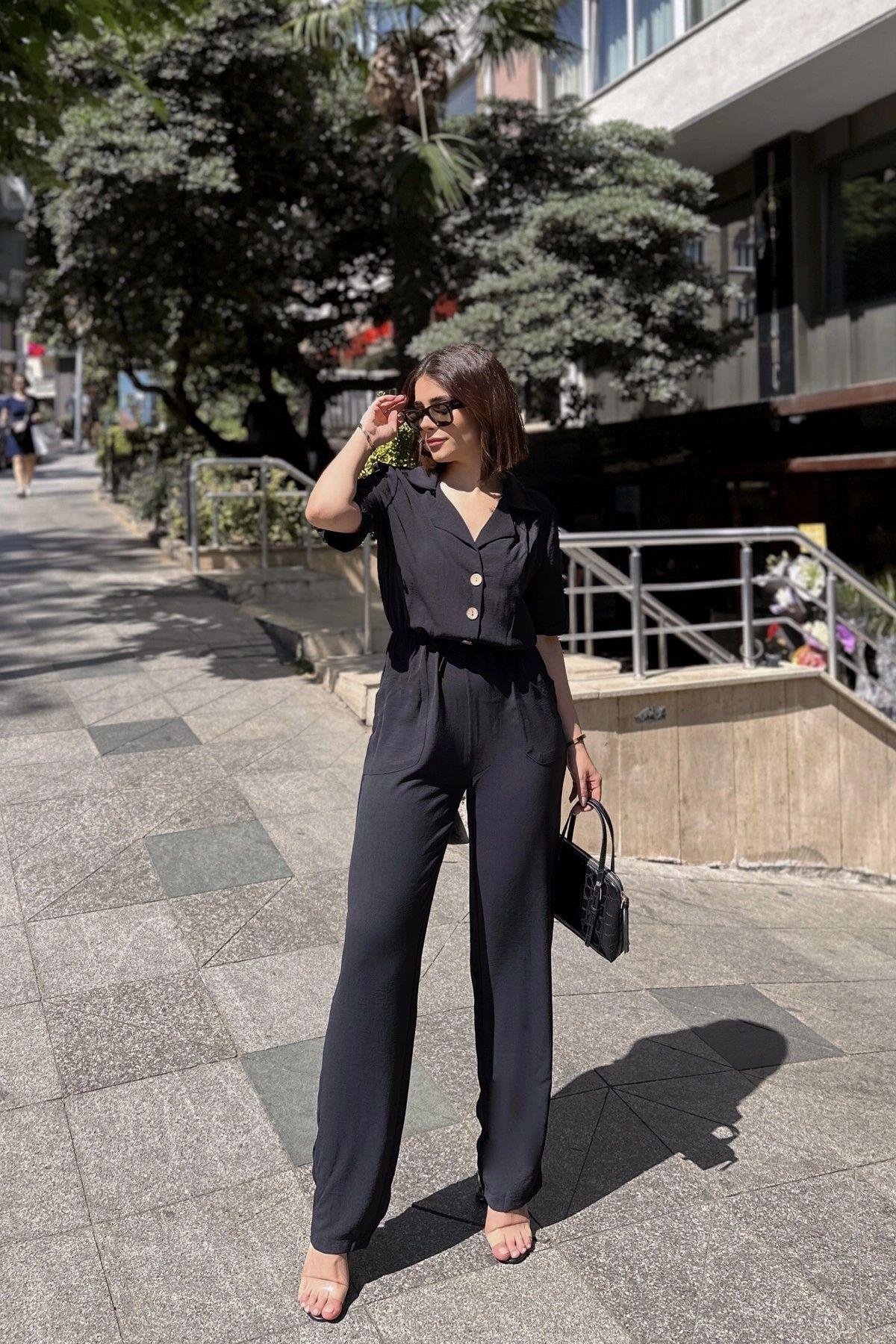 Kadın Siyah Ceket Yaka Beli Lastikli Tulum - 700-2622