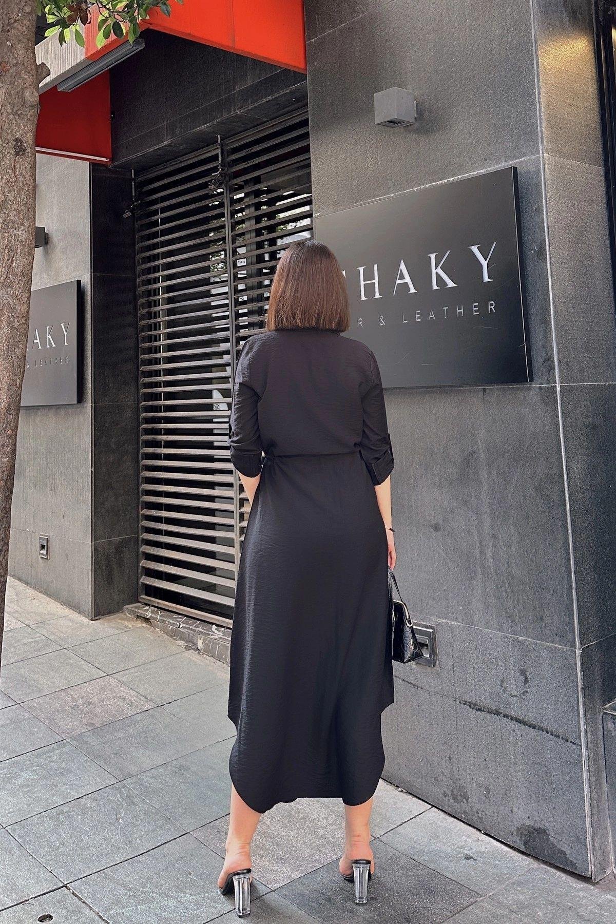 Kadın Siyah Hasrı Kemer Detaylı Uzun Keten Gömlek Elbise - 700-2837