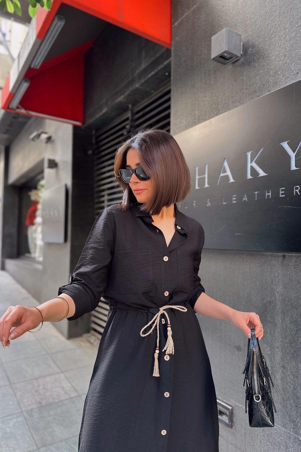 Kadın Siyah Hasrı Kemer Detaylı Uzun Keten Gömlek Elbise - 700-2837