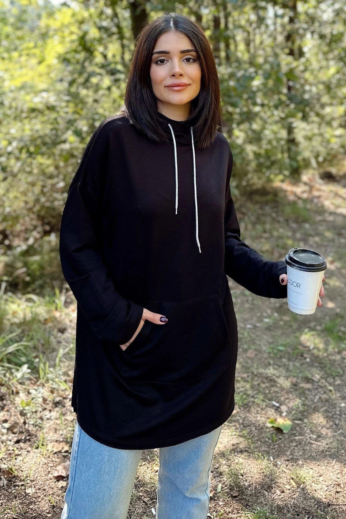 Kadın Siyah Kapüşonlu Tesettüre Uygun Tunik- 700-3476