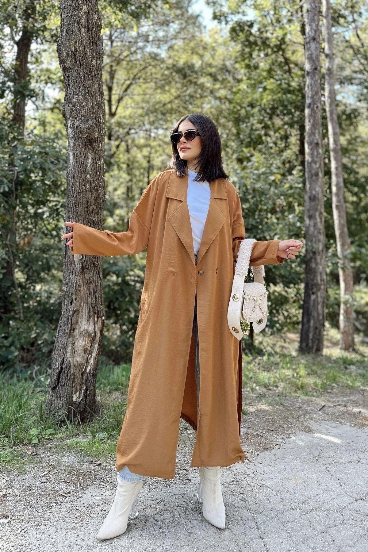 Kadın Taba Uzun Owersıze Cepli Trençkot- 700-3335