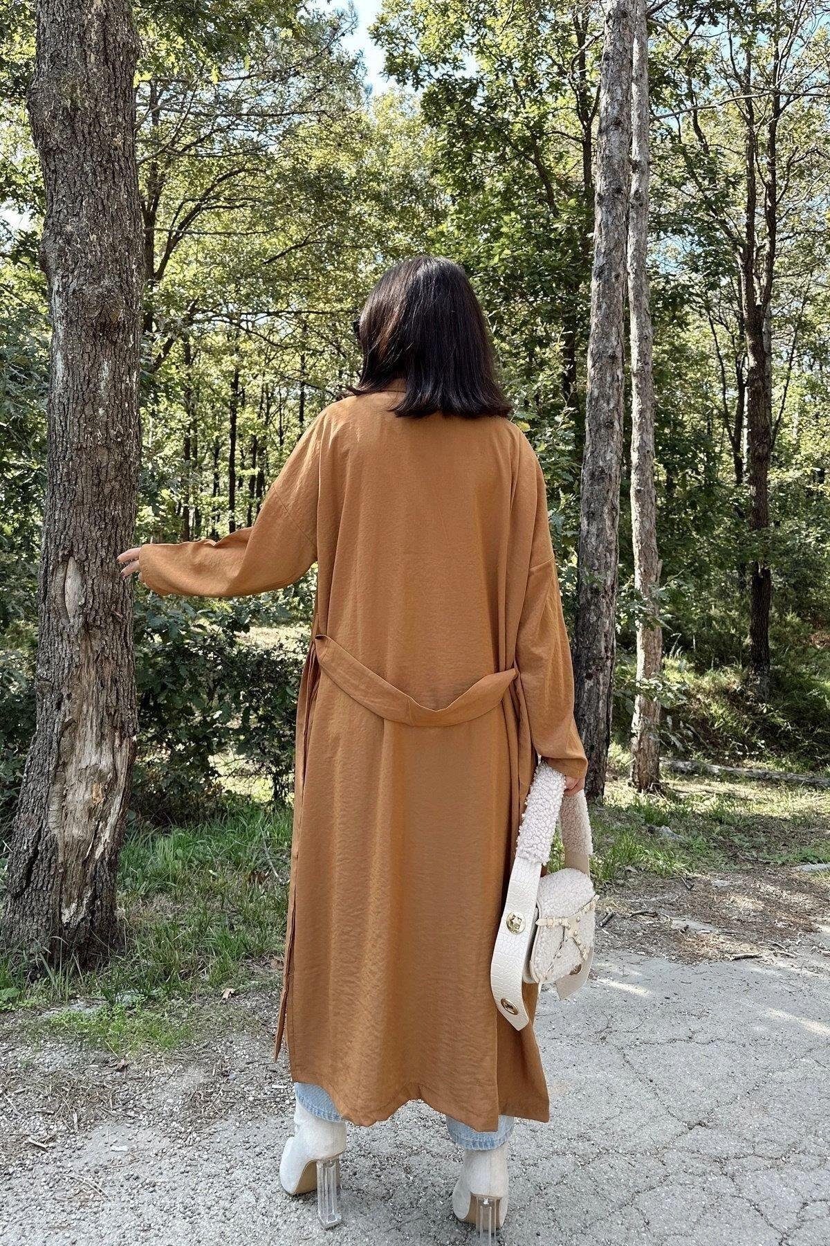 Kadın Taba Uzun Owersıze Cepli Trençkot- 700-3335