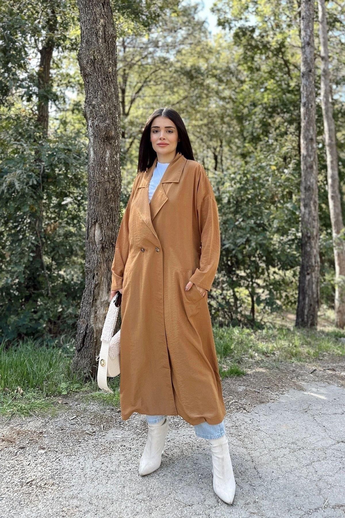 Kadın Taba Uzun Owersıze Cepli Trençkot- 700-3335