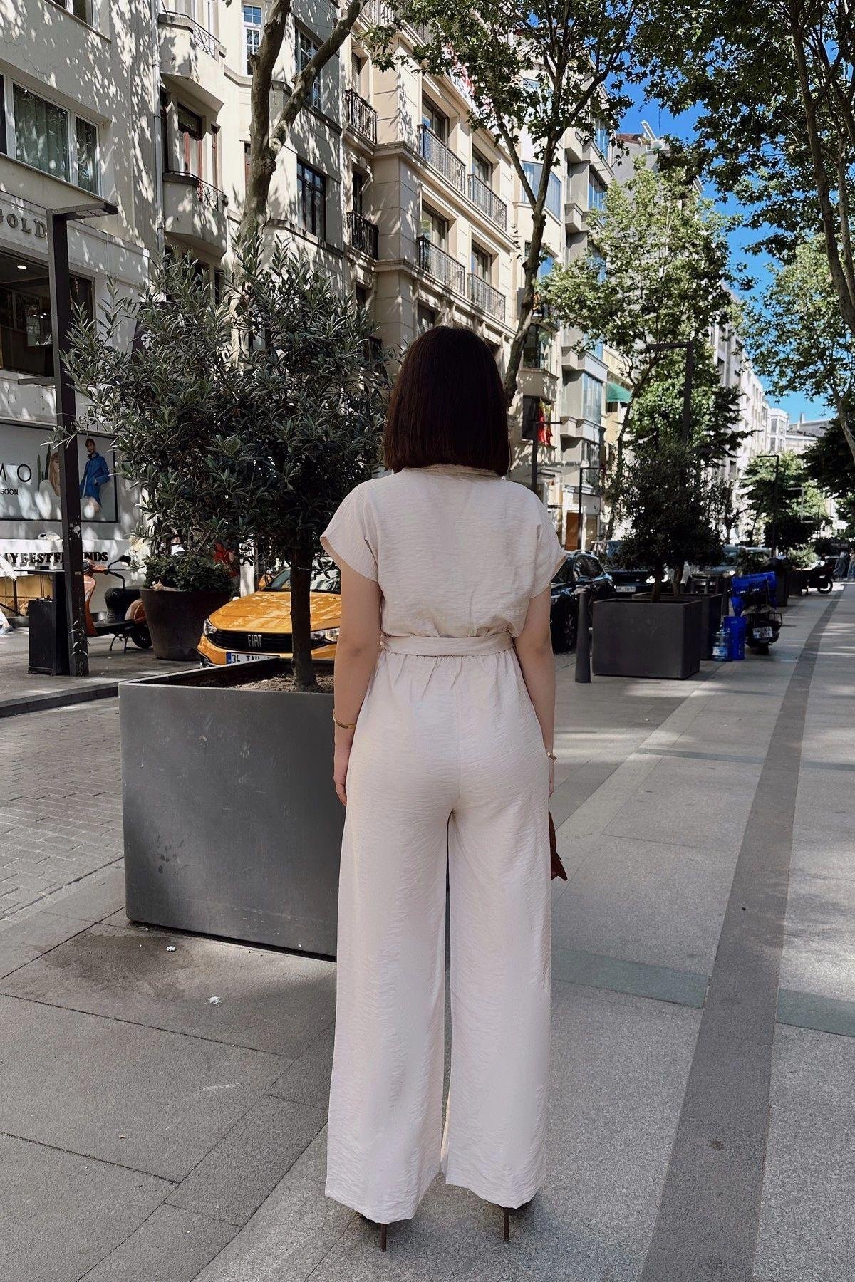 Kadın Taş Ceket Yaka Bol Paça Keten Tulum - 700-3405