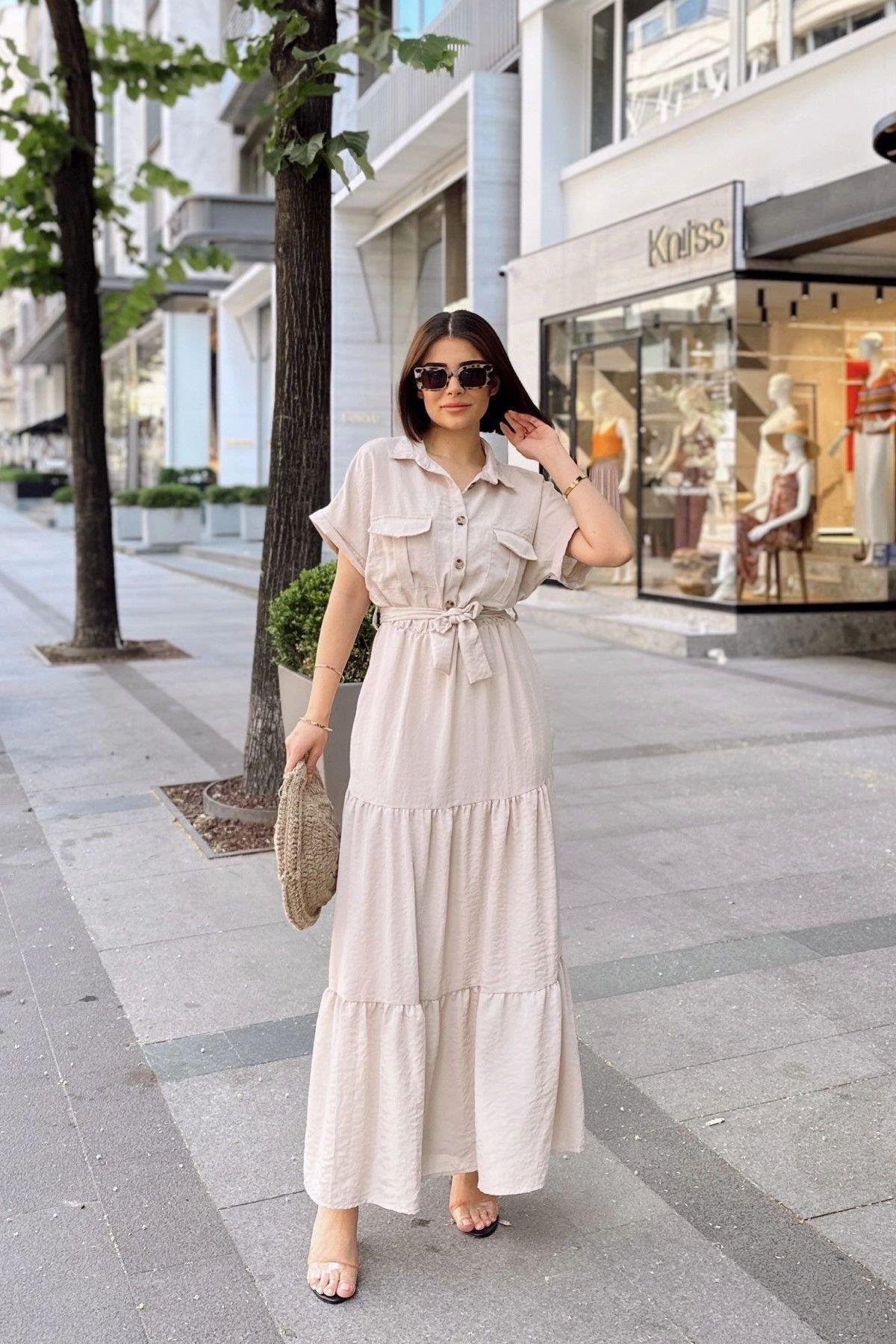 Kadın Taş Fırfırlı Safari Uzun Elbise- 700-3336