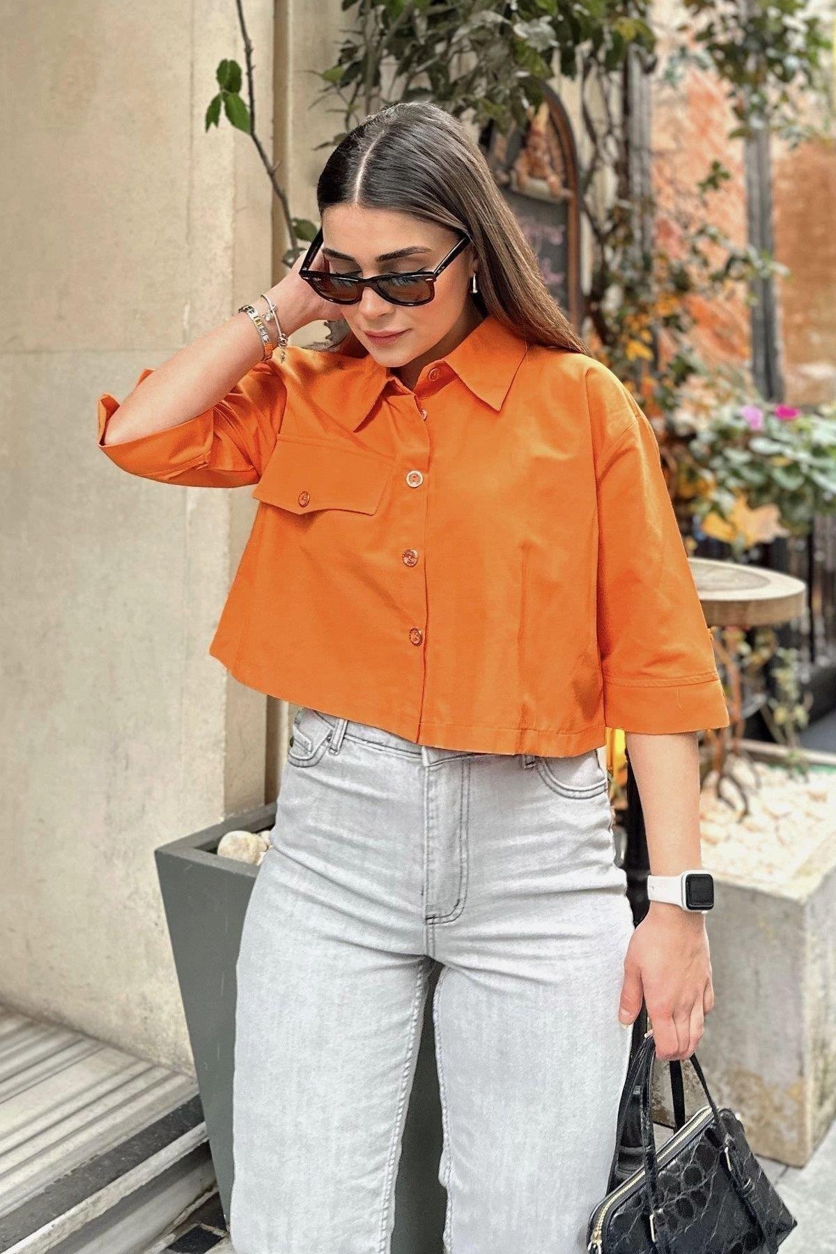 Kadın Turuncu Crop Gömlek - 700-3533