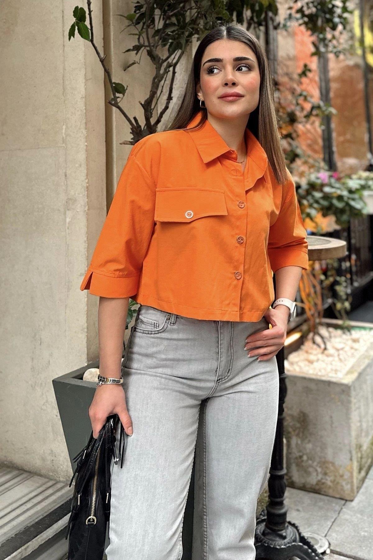 Kadın Turuncu Crop Gömlek - 700-3533