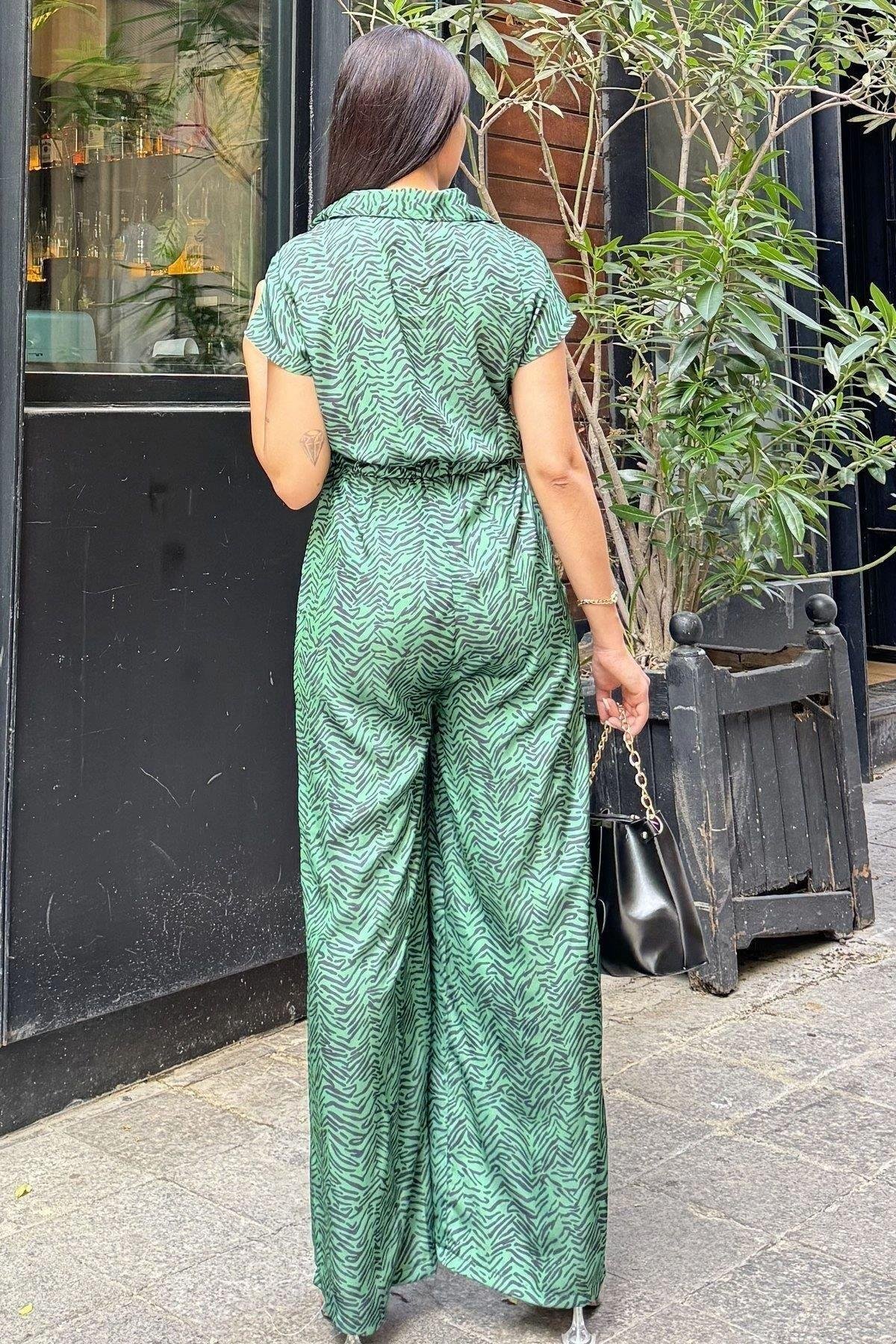 Kadın Zümrüt Saten Baskılı Lastikli Tulum - 700-3235