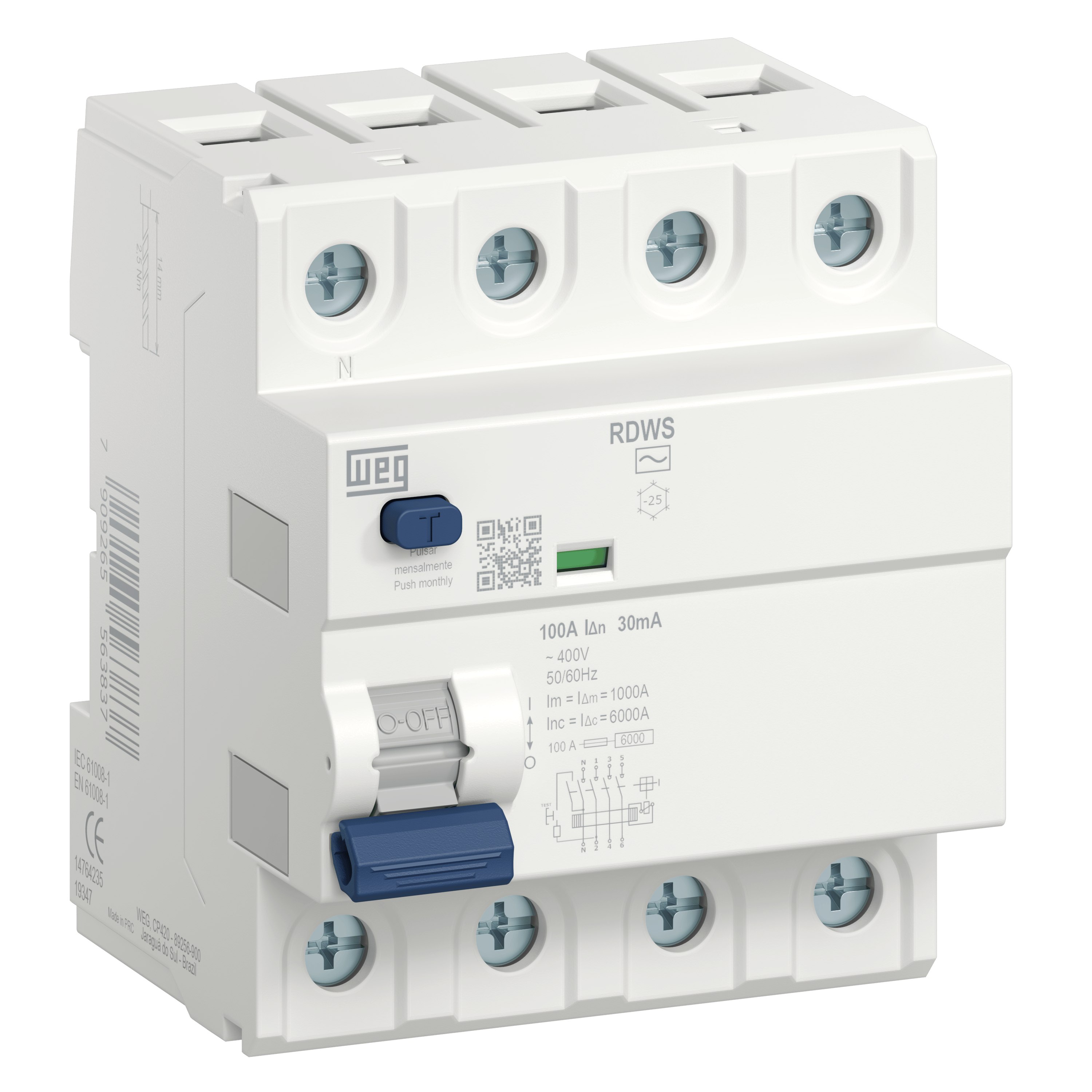 RDWS-AC-30-100-4-D34 3P+N, 100A, 30mA, (6kA), AC Tipi, Kaçak Akım Rölesi 