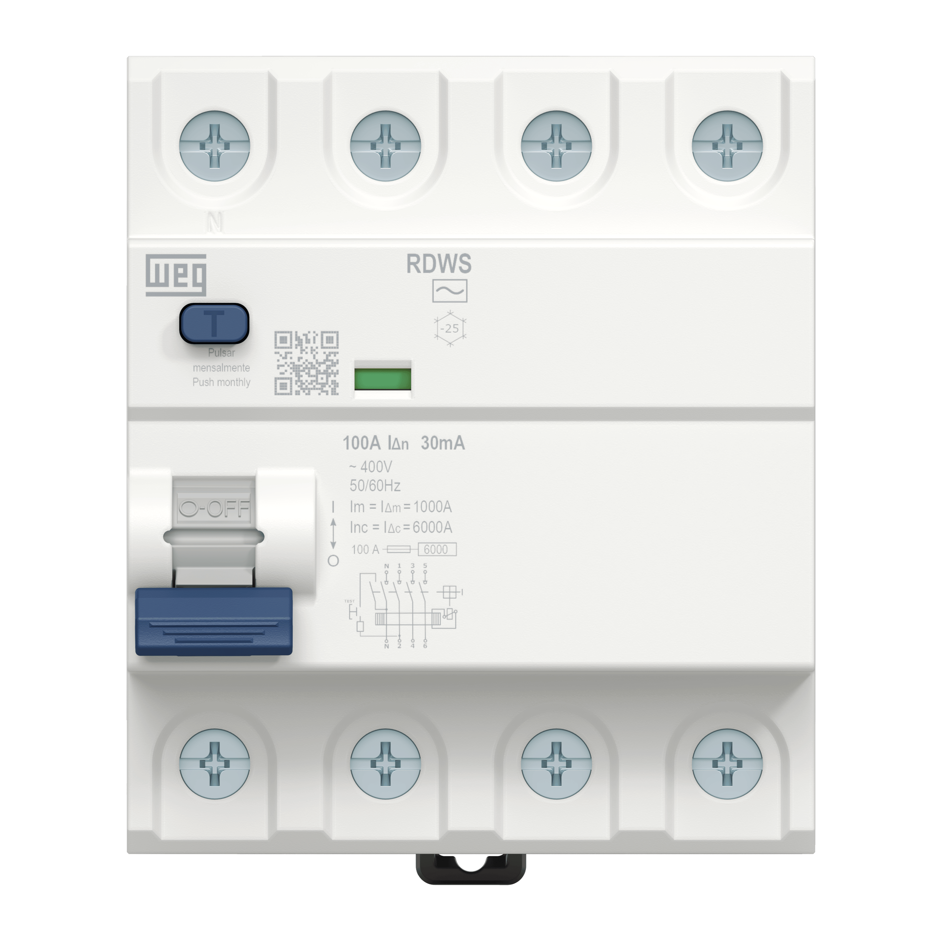 RDWS-AC-30-100-4-D34 3P+N, 100A, 30mA, (6kA), AC Tipi, Kaçak Akım Rölesi 