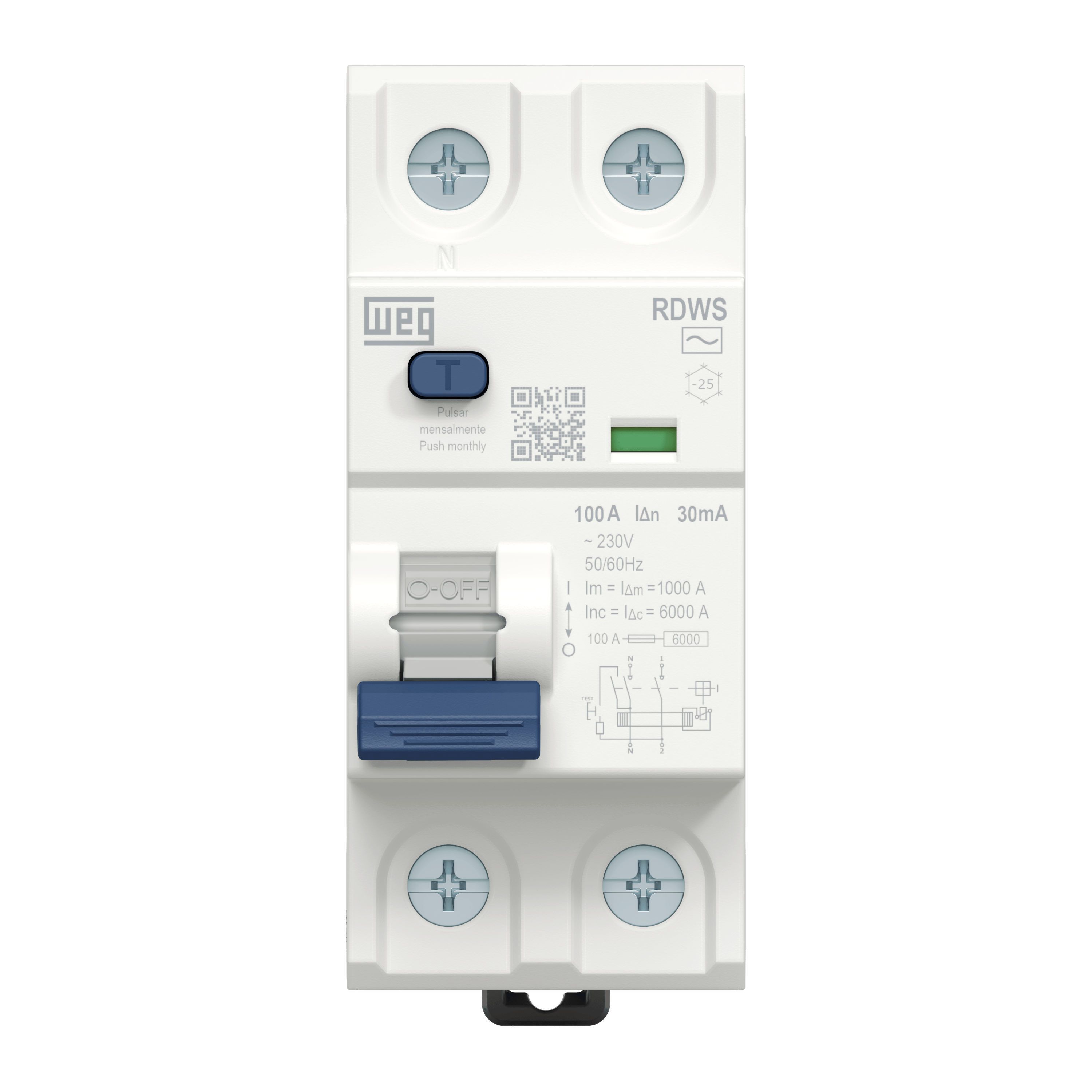 RDWS-AC-30-25-2-D24 1P+N, 25A, 30mA, (6kA), AC Tipi, Monofaze Kaçak Akım Rölesi 