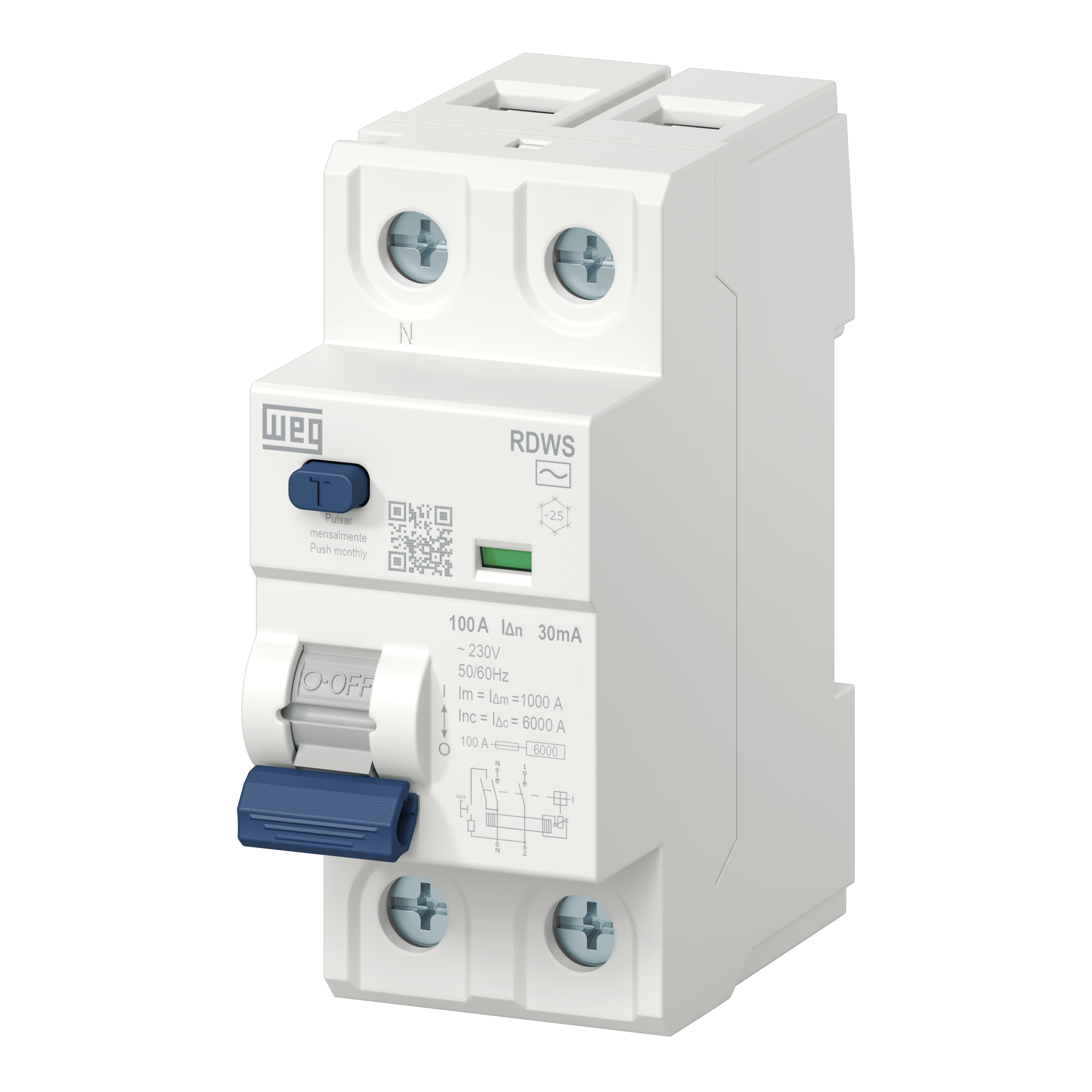 RDWS-AC-30-25-2-D24 1P+N, 25A, 30mA, (6kA), AC Tipi, Monofaze Kaçak Akım Rölesi 