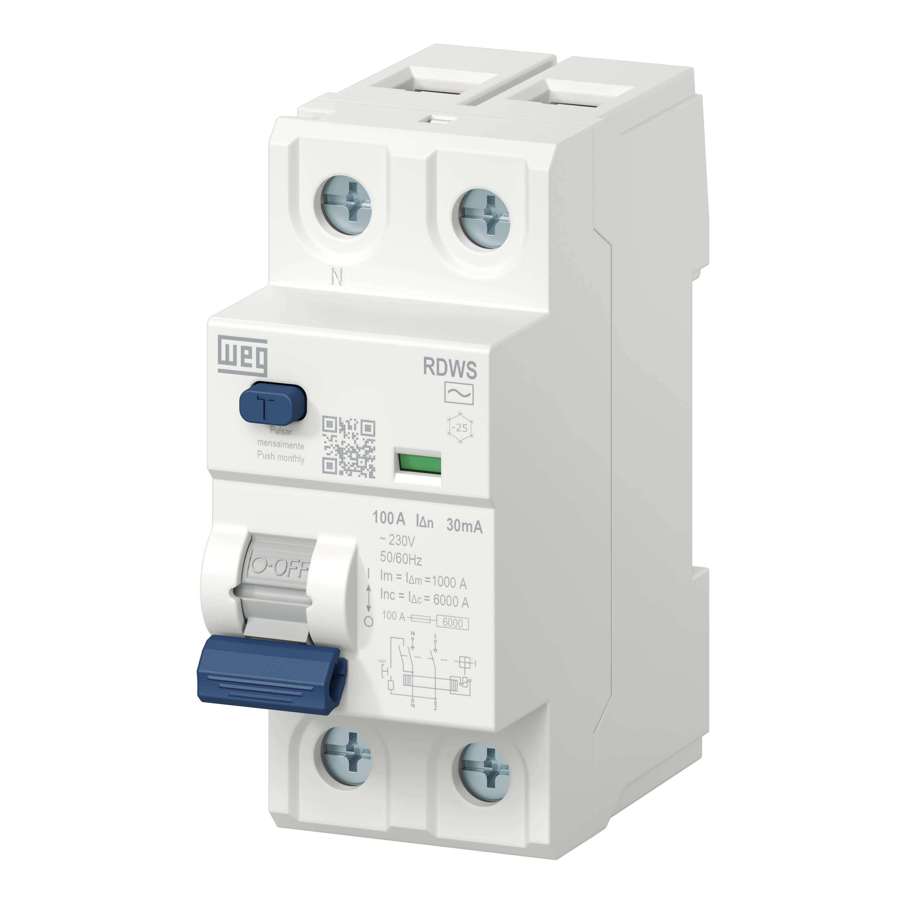 RDWS-AC-30-40-2-D24 1P+N, 40A, 30mA, (6kA), AC Tipi, Monofaze Kaçak Akım Rölesi 