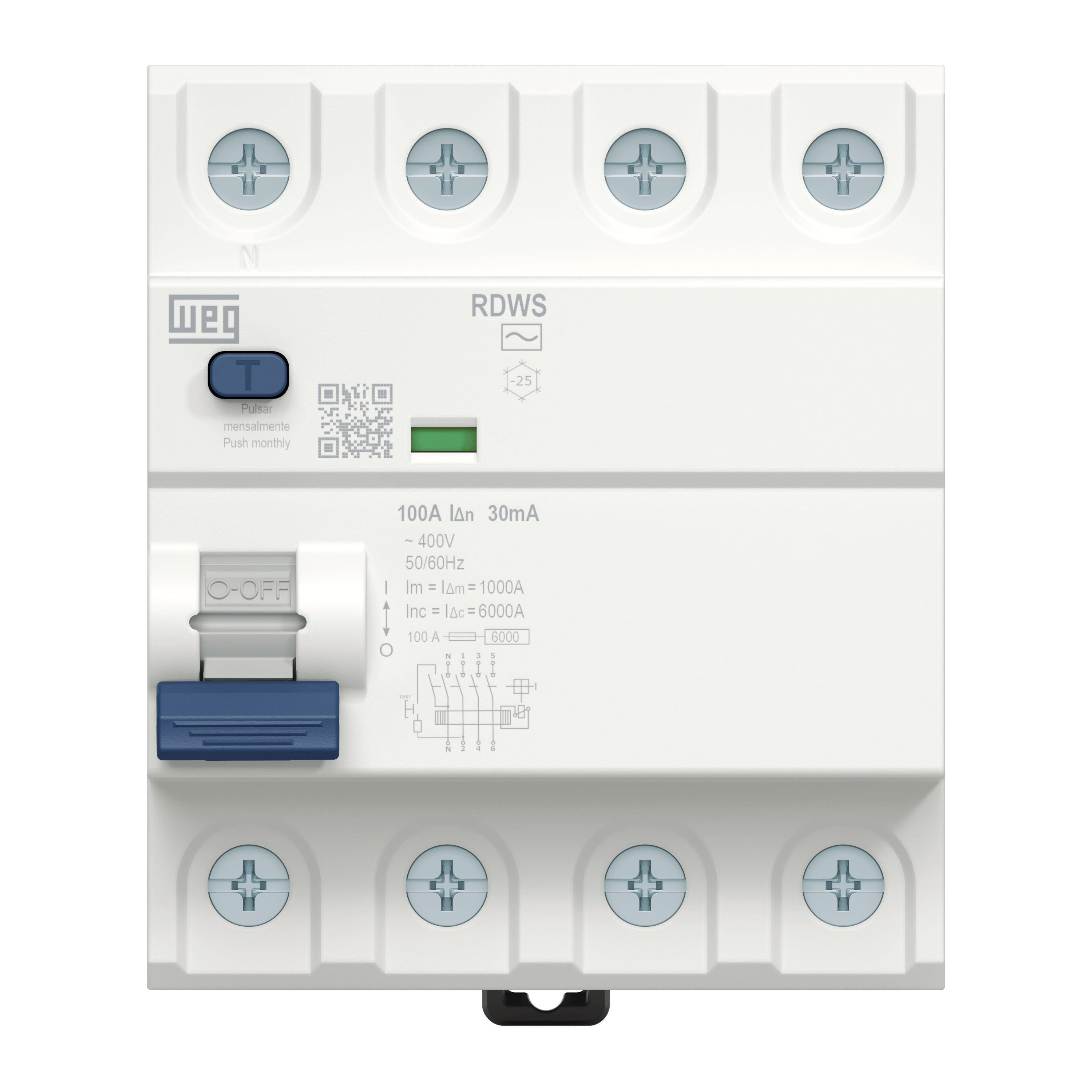 RDWS-AC-30-40-4-D34 3P+N, 40A, 30mA, (6kA), AC Tipi, Kaçak Akım Rölesi 