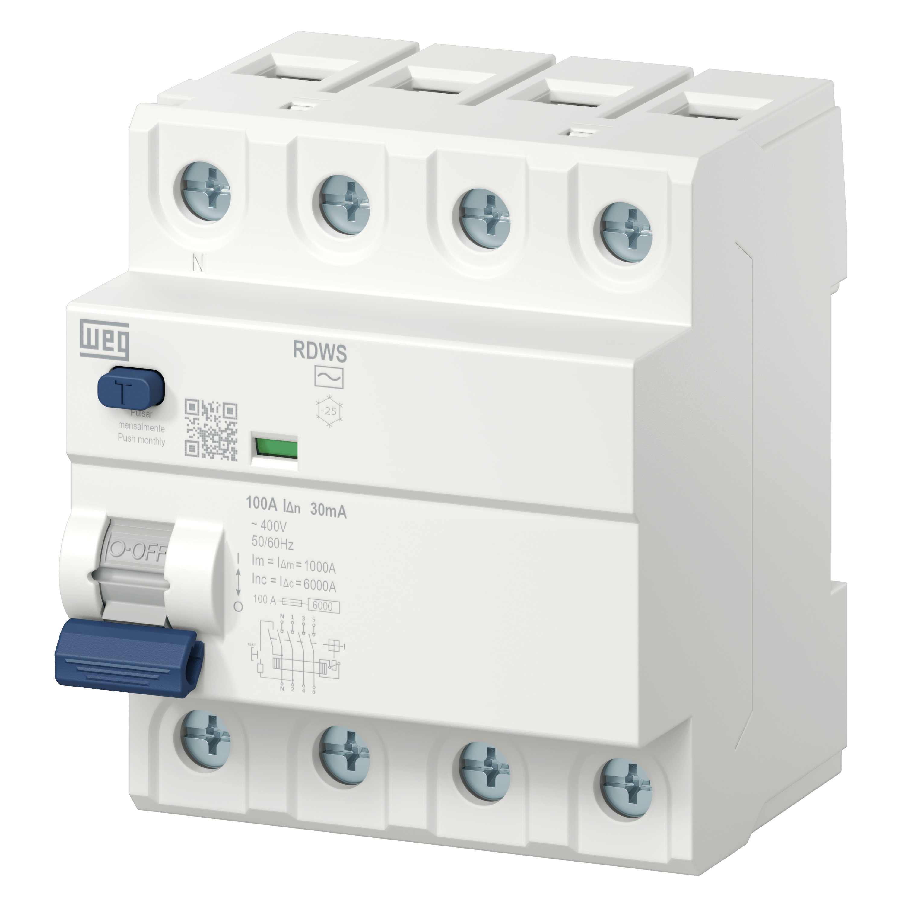 RDWS-AC-30-80-4-D34 3P+N, 80A, 30mA, (6kA), AC Tipi, Kaçak Akım Rölesi 
