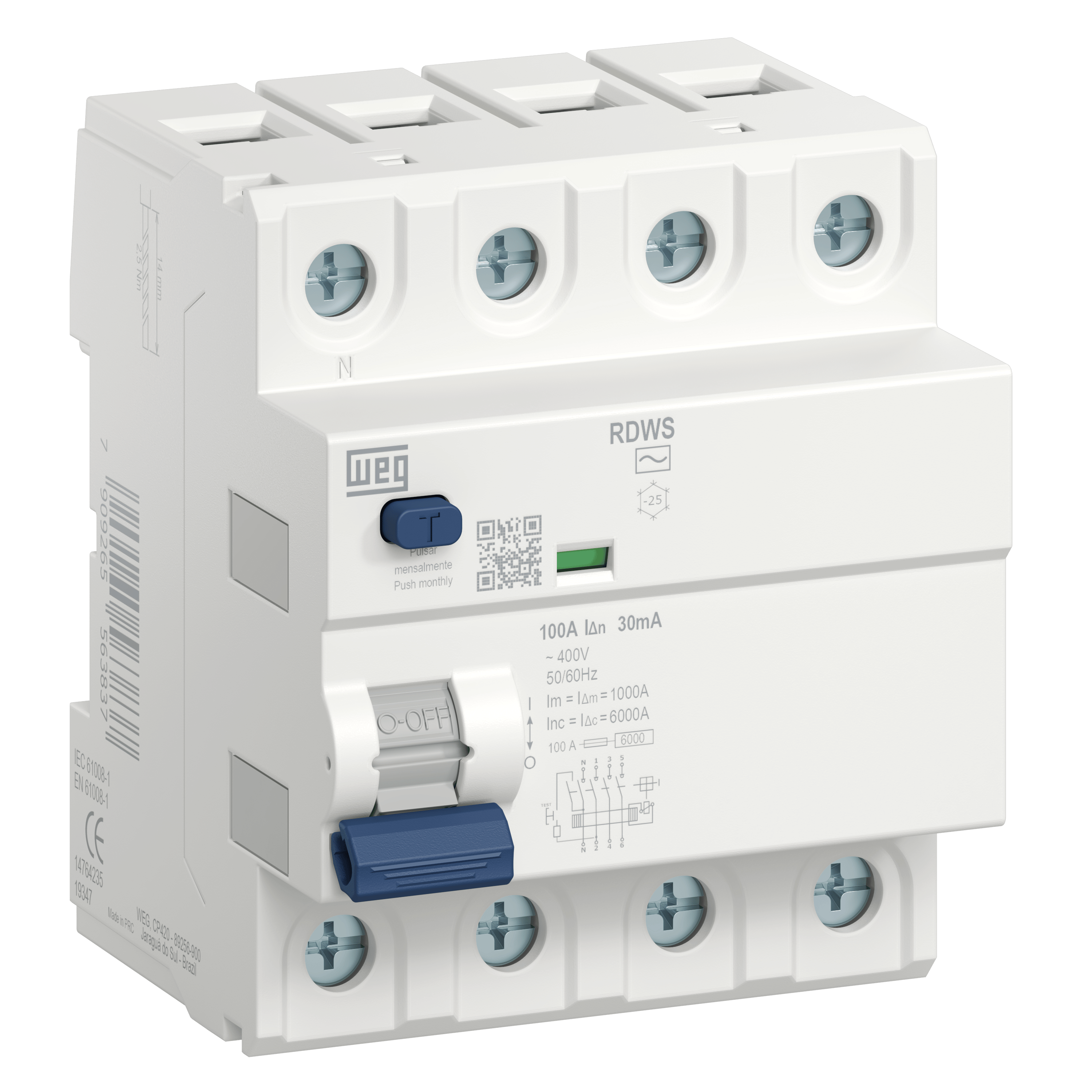 RDWS-AC-300-25-4-D34 3P+N, 25A, 300mA, (6kA), AC Tipi, Kaçak Akım Rölesi 