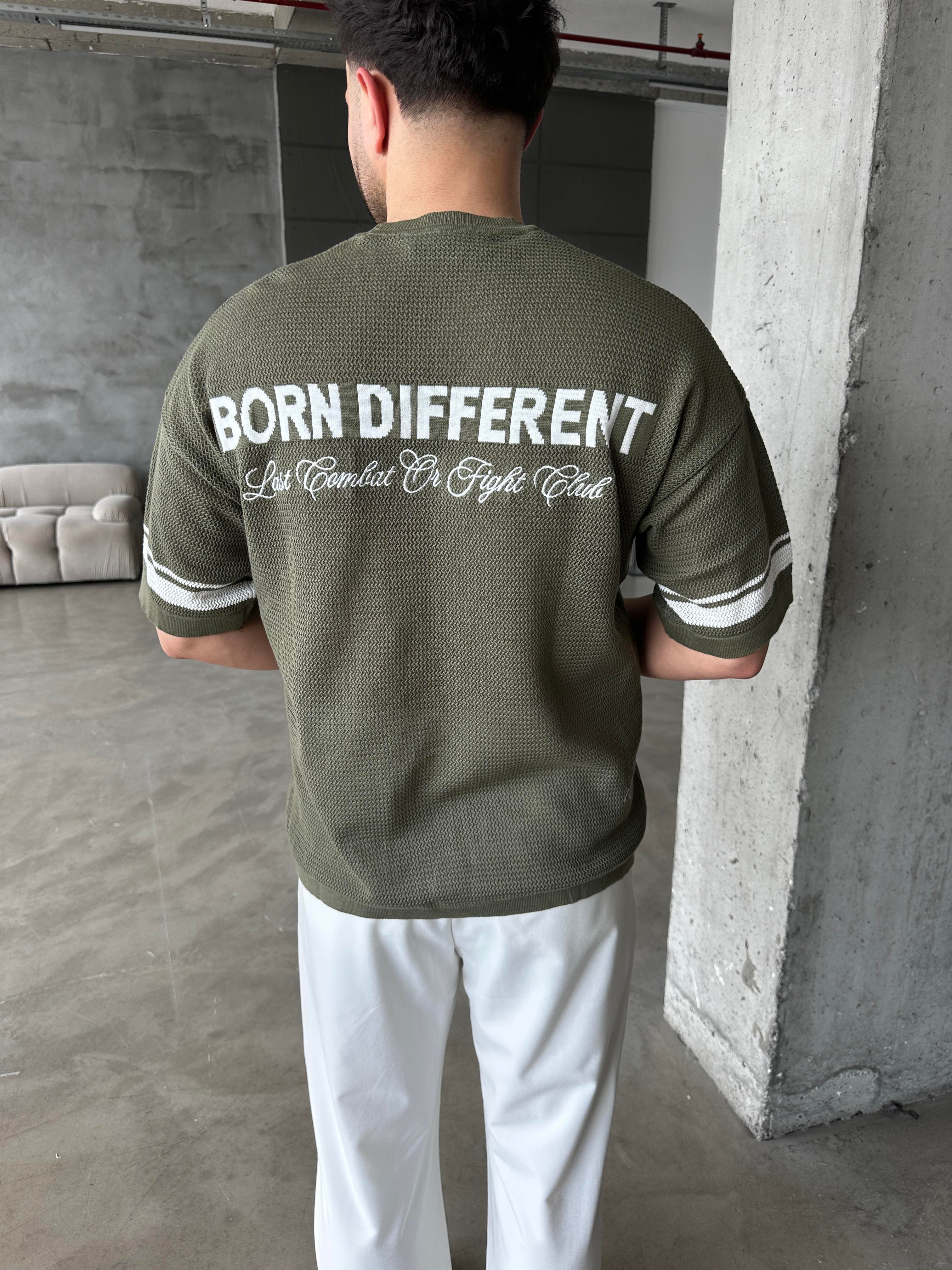 Haki Born Nakışlı Örme Kısa Kol T-Shirt
