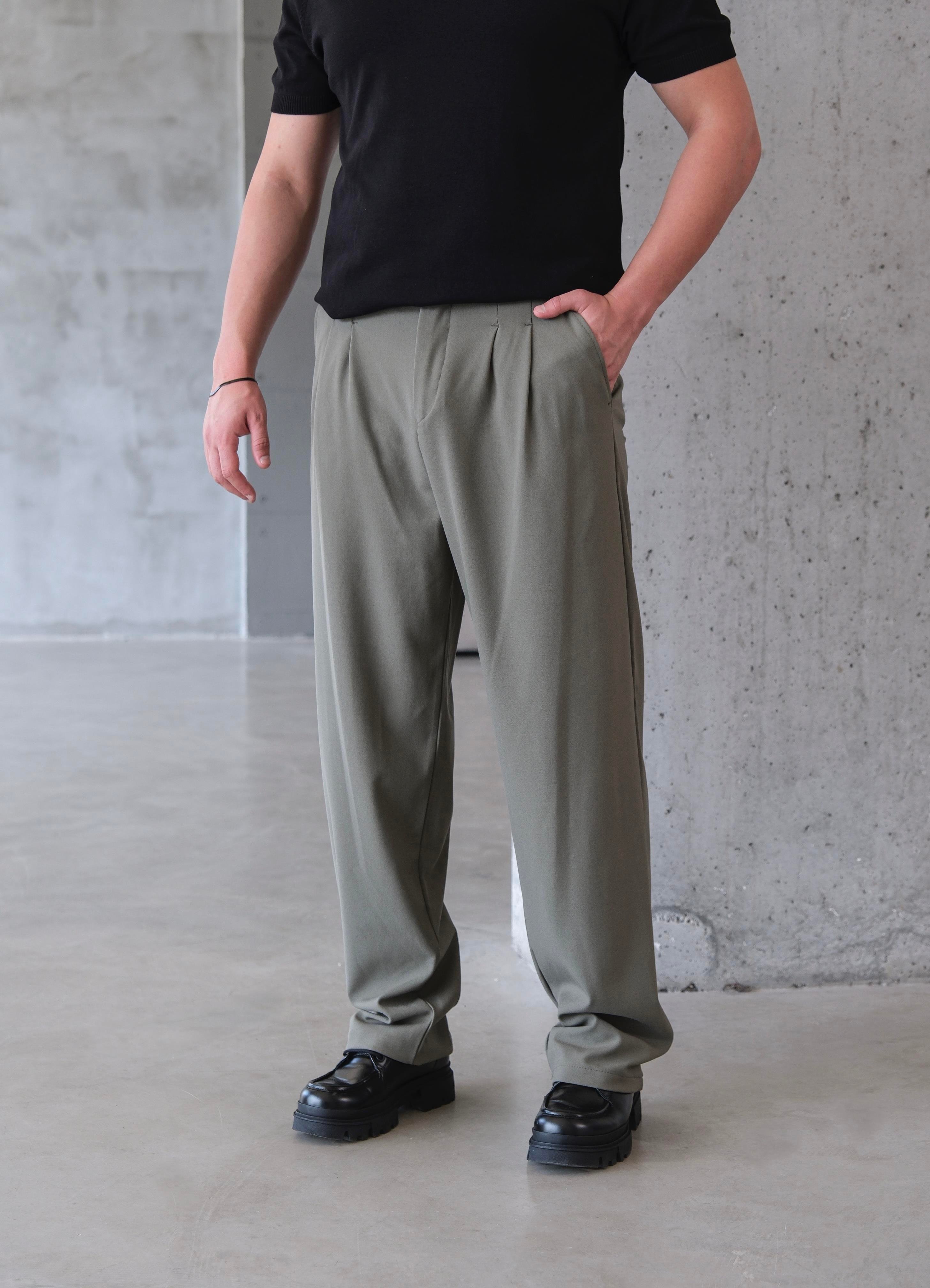 Haki Pileli Baggy Kumaş Pantolon