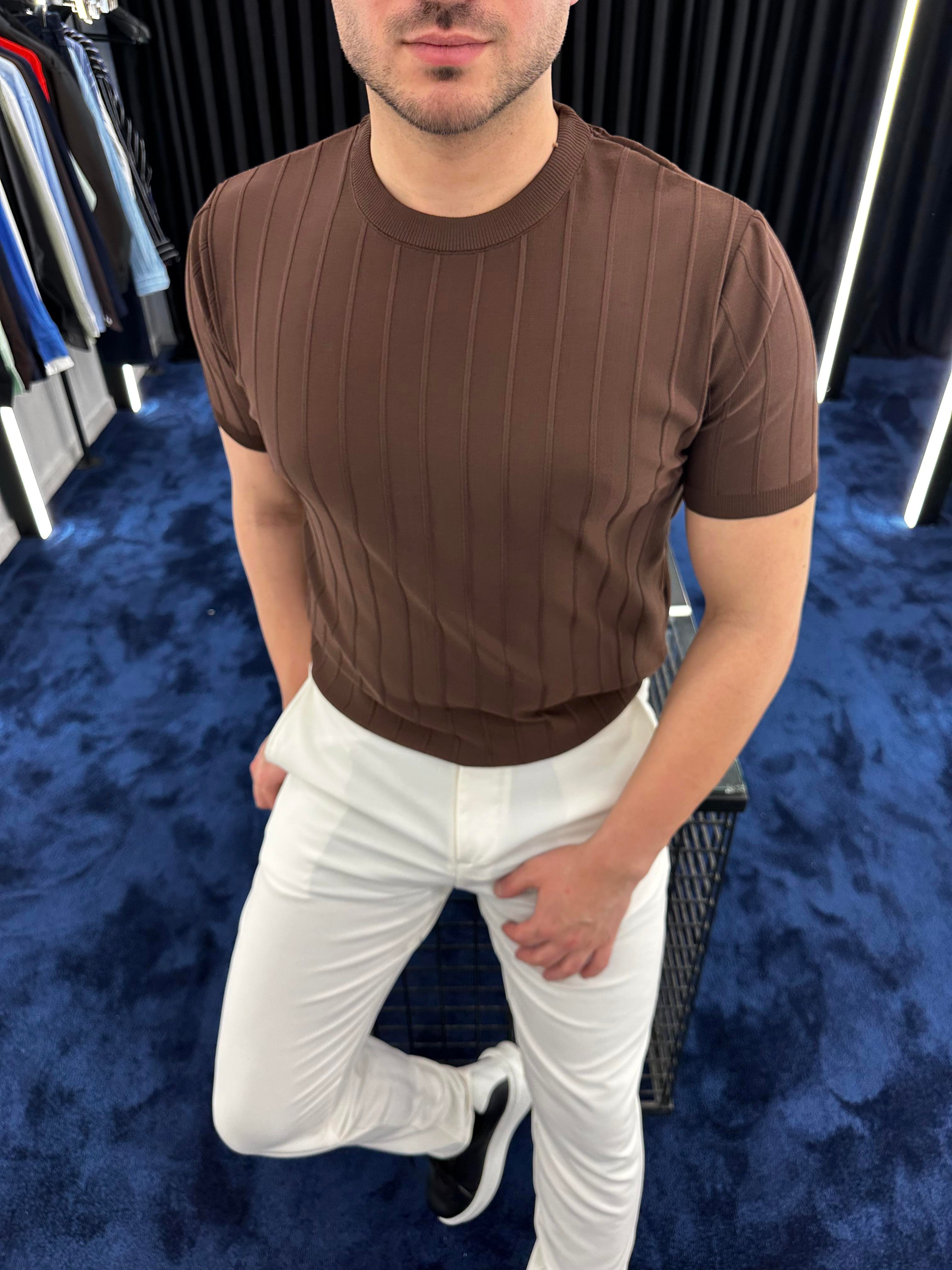 Kahve Kendinden Çizgili Bisiklet Yaka Triko