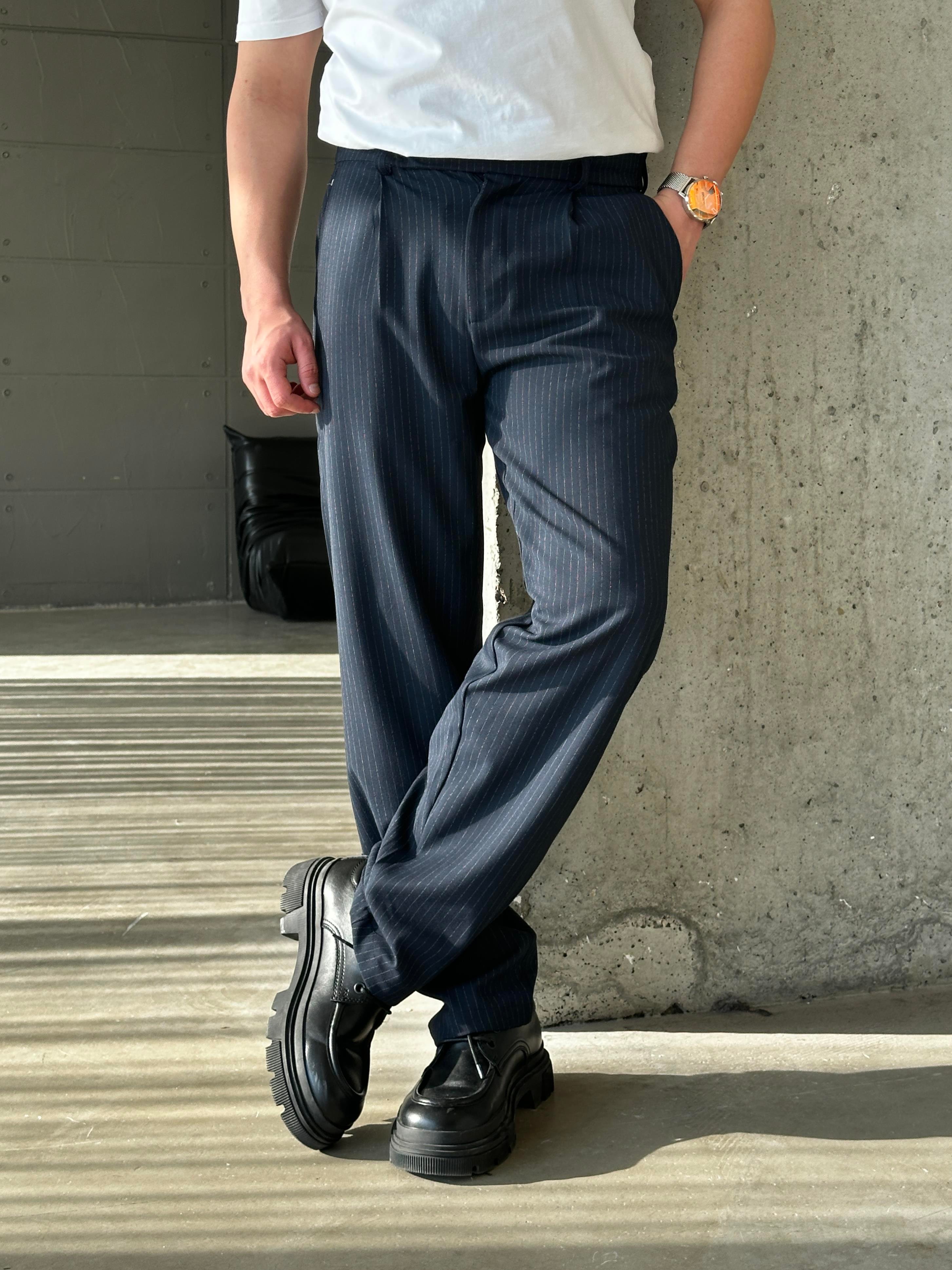 Lacivert Çizgili Zara Kumaş Baggy Pantalon