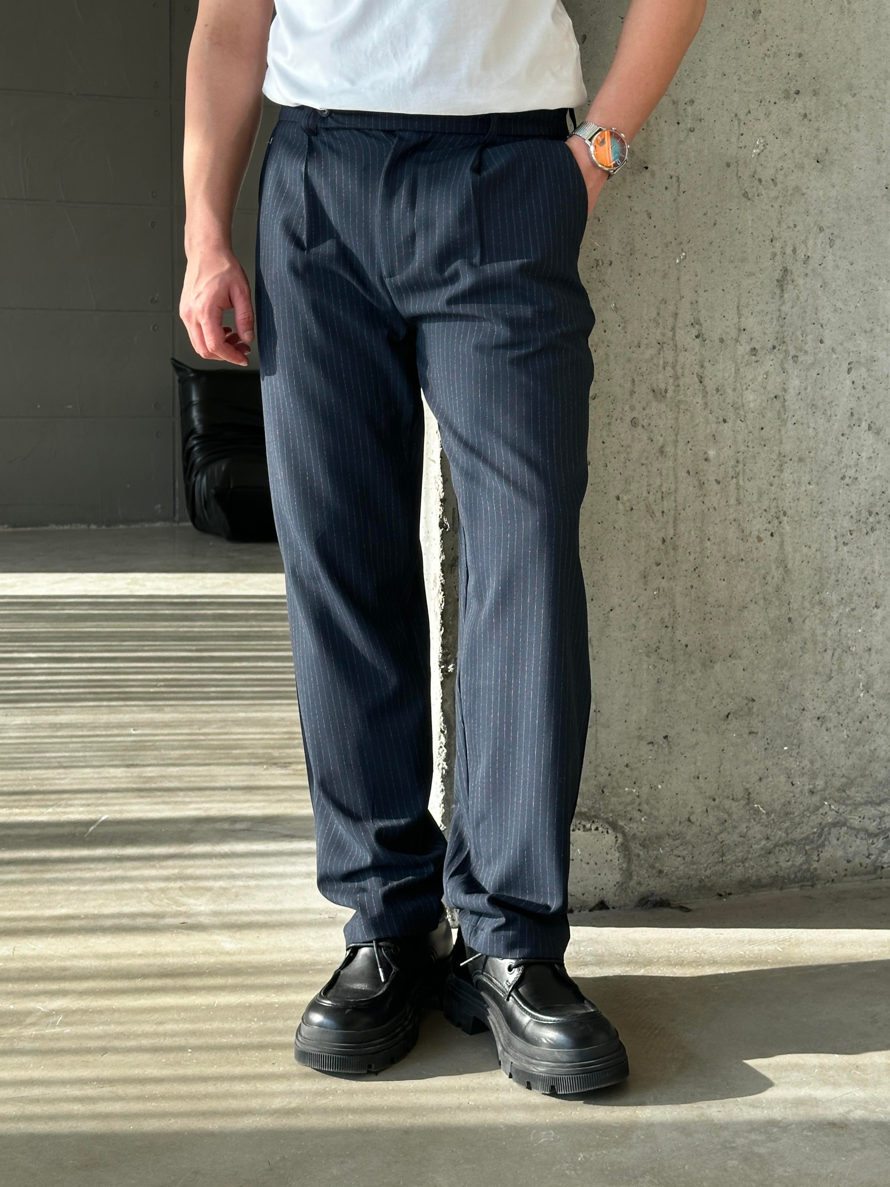 Lacivert Çizgili Zara Kumaş Baggy Pantalon