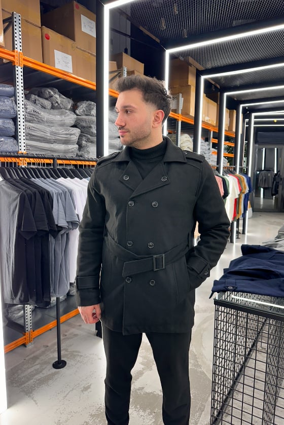 SİYAH YAN KUŞAKLI REGULAR KABAN