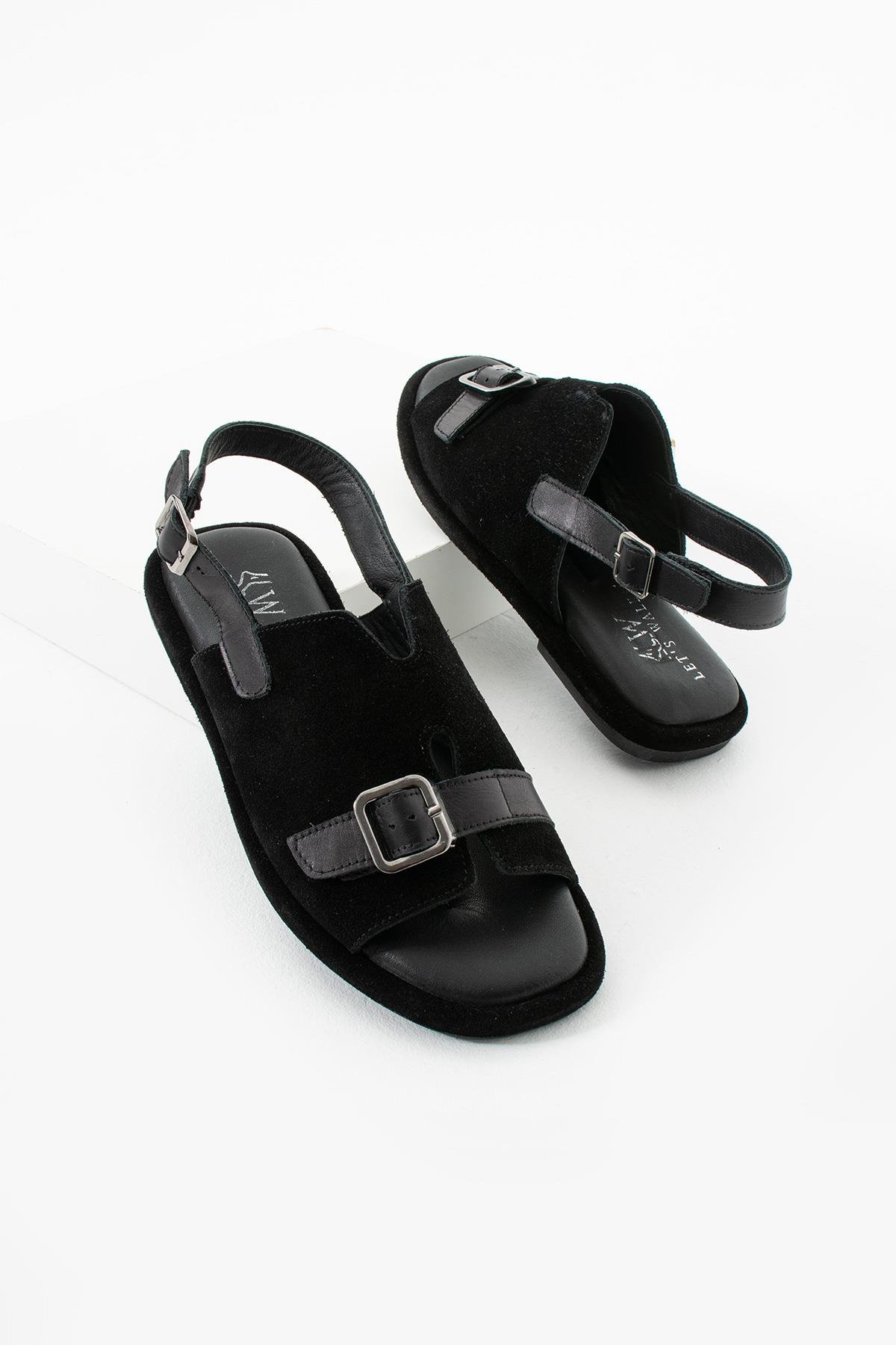 Let's Walk AURA KADIN HAKİKİ DERİ TOKA DETAYLI SANDALET SİYAH
