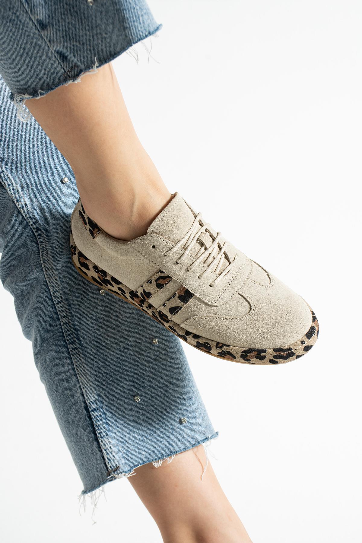 Let's Walk DAİSY KADIN HAKİKİ DERİ LEOPAR KAPLAMALI SNEAKERS BEJ