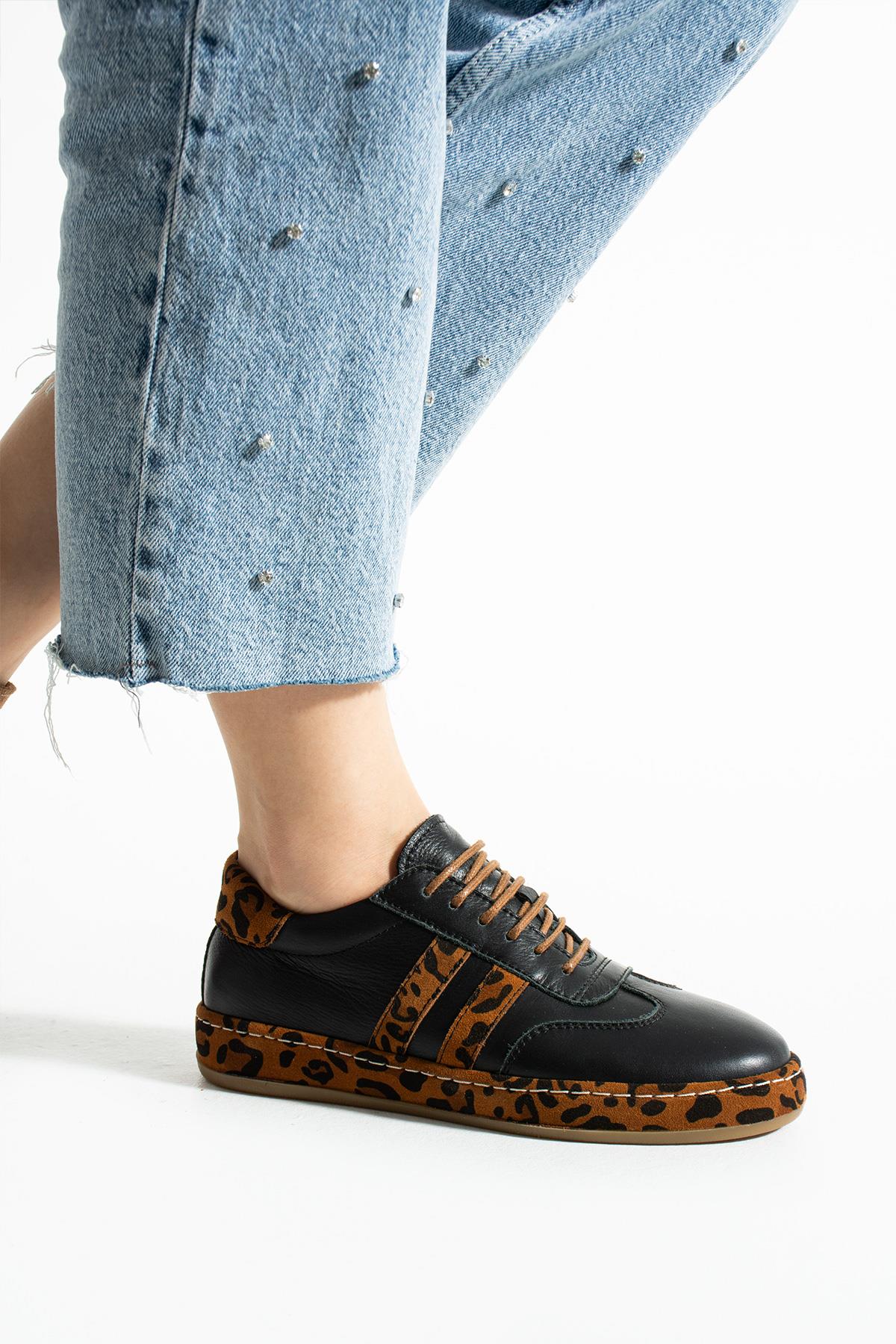 Let's Walk DAİSY KADIN HAKİKİ DERİ LEOPAR KAPLAMALI SNEAKERS AYAKKABI SİYAH